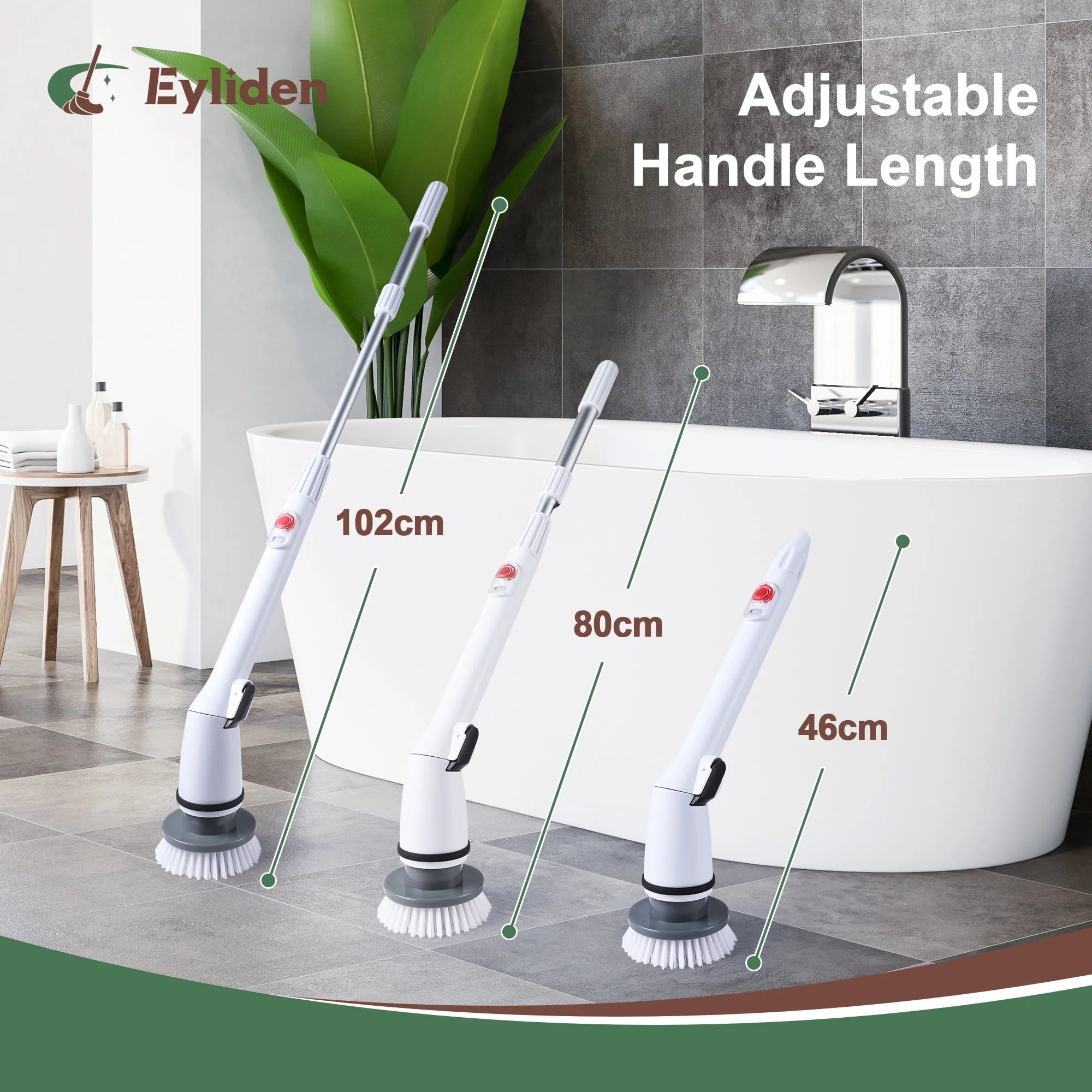 Eyliden 360 Electric Spin Scrubber, Cordless Cleaning Brush with 3 Replaceable Heads, Adjustable Telescoping Handle, White - Image 4