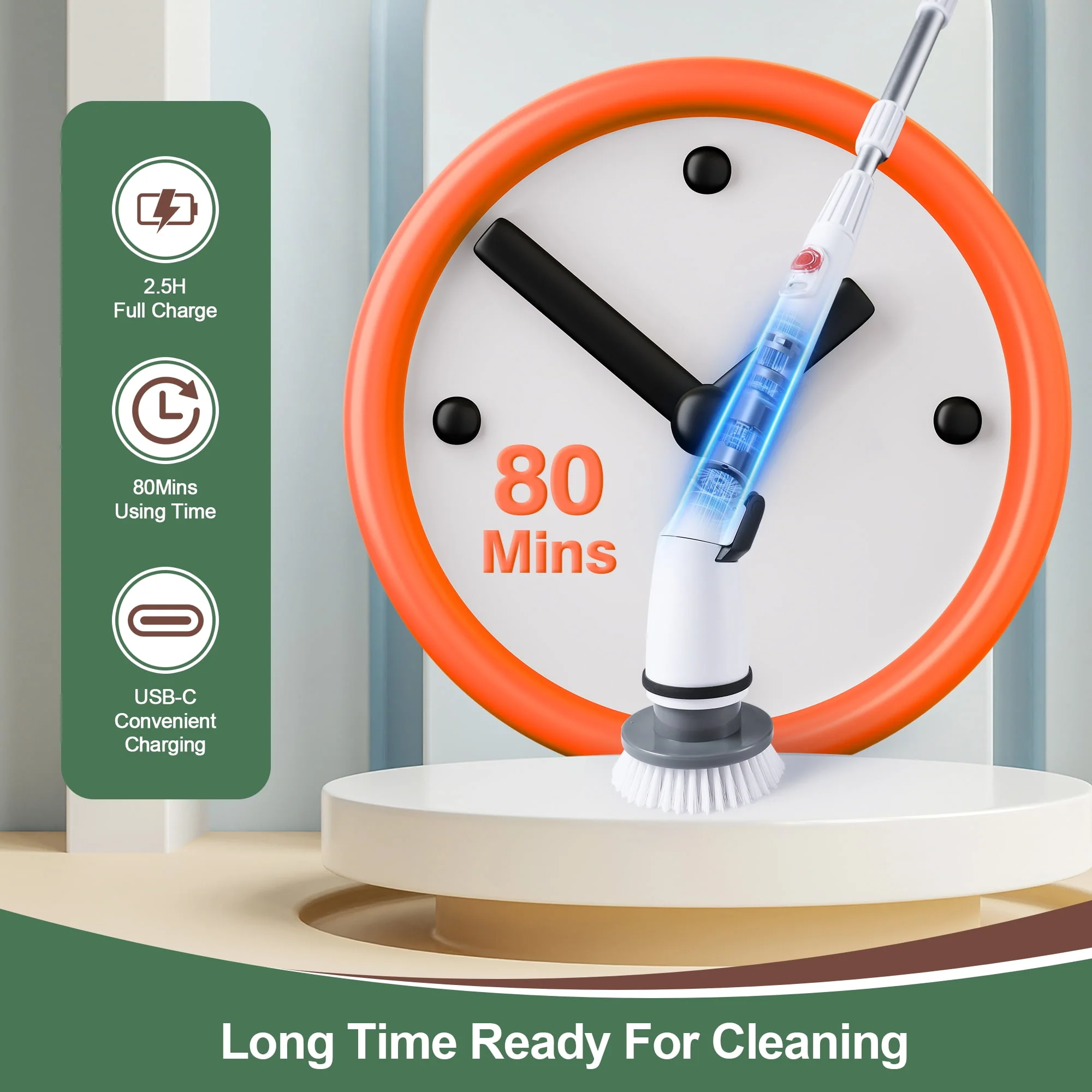 Eyliden 360 Electric Spin Scrubber, Cordless Cleaning Brush with 3 Replaceable Heads, Adjustable Telescoping Handle, White - Image 5