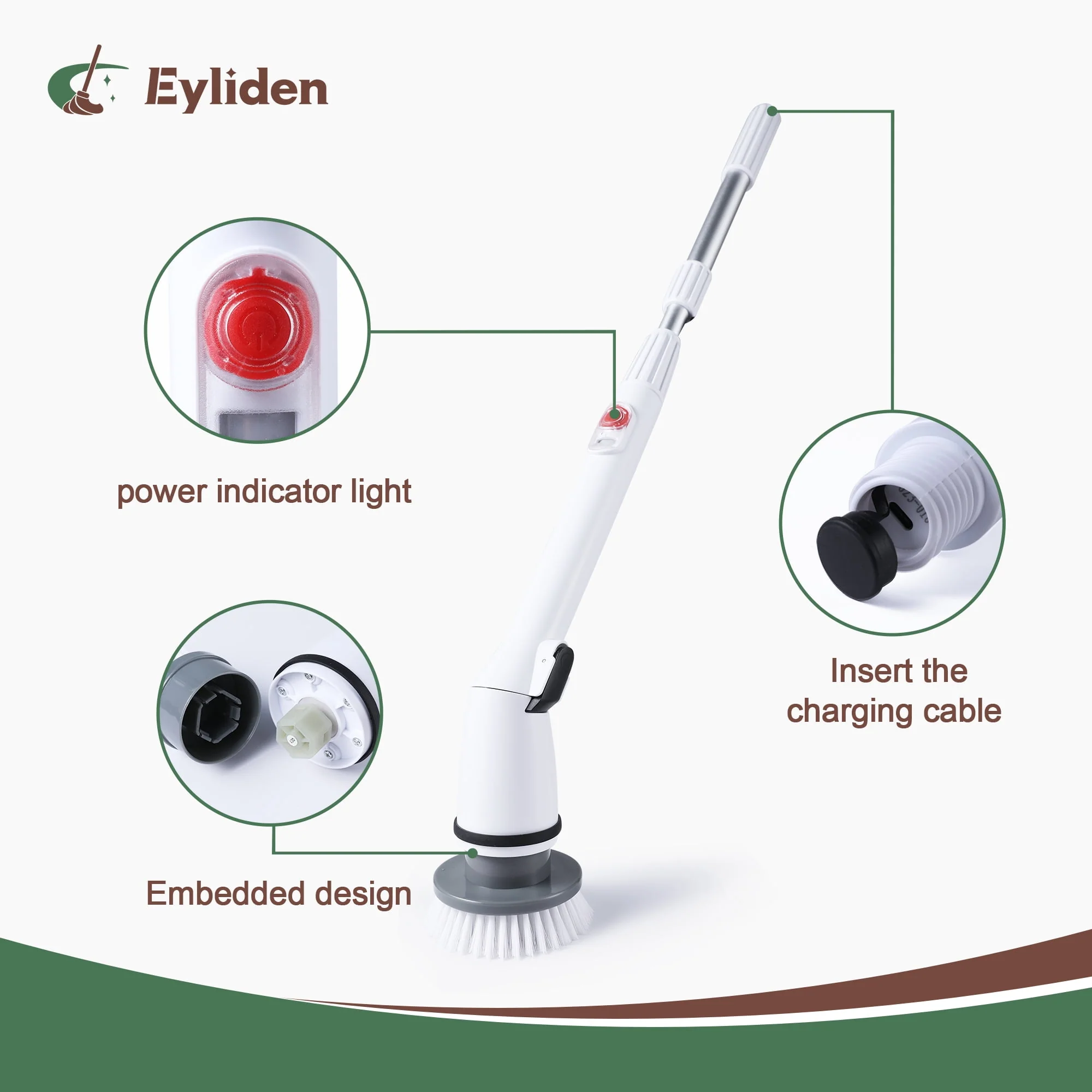 Eyliden 360 Electric Spin Scrubber, Cordless Cleaning Brush with 3 Replaceable Heads, Adjustable Telescoping Handle, White - Image 7