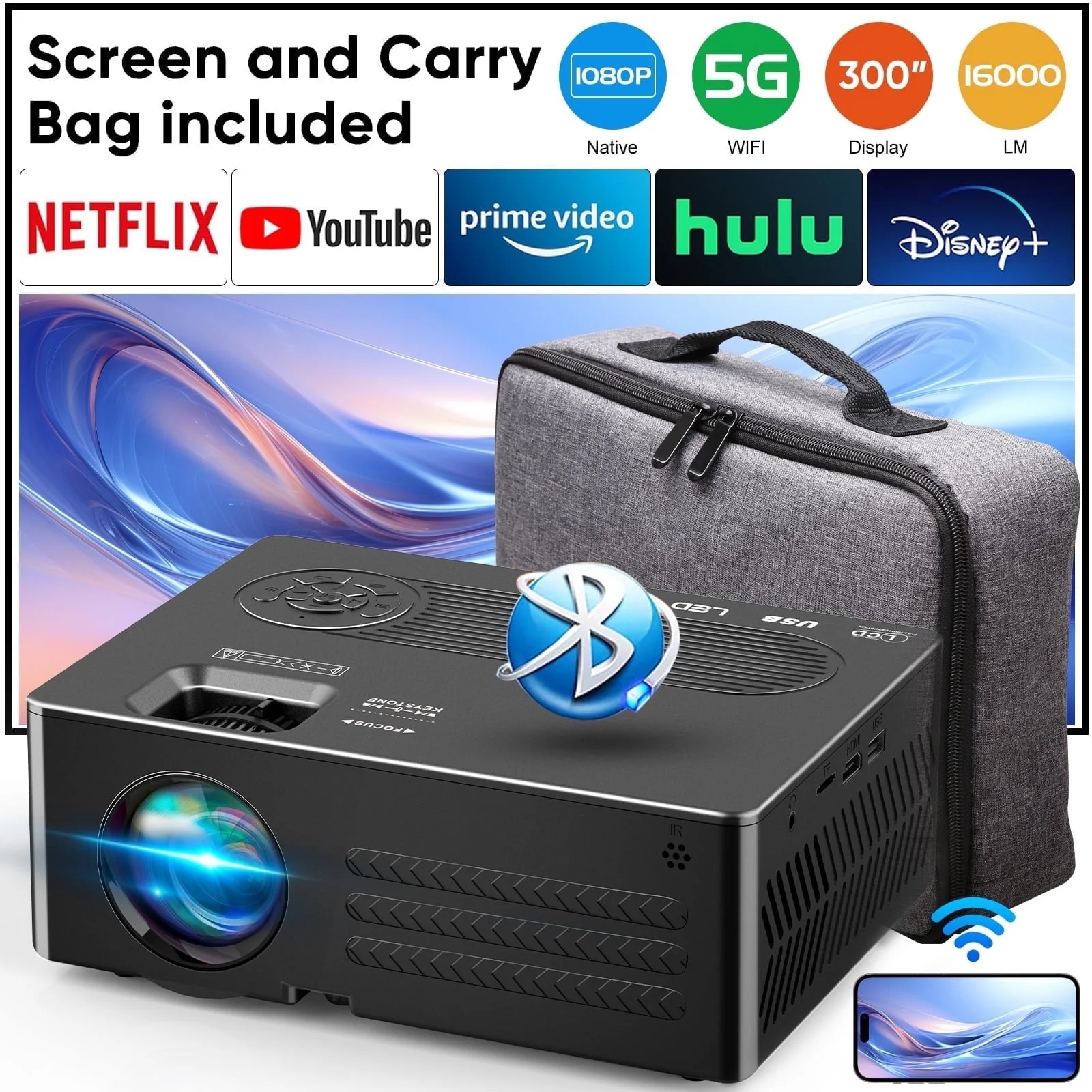 Faltopu 300" Class FHD (1080P) Smart LED Projector (DR07)