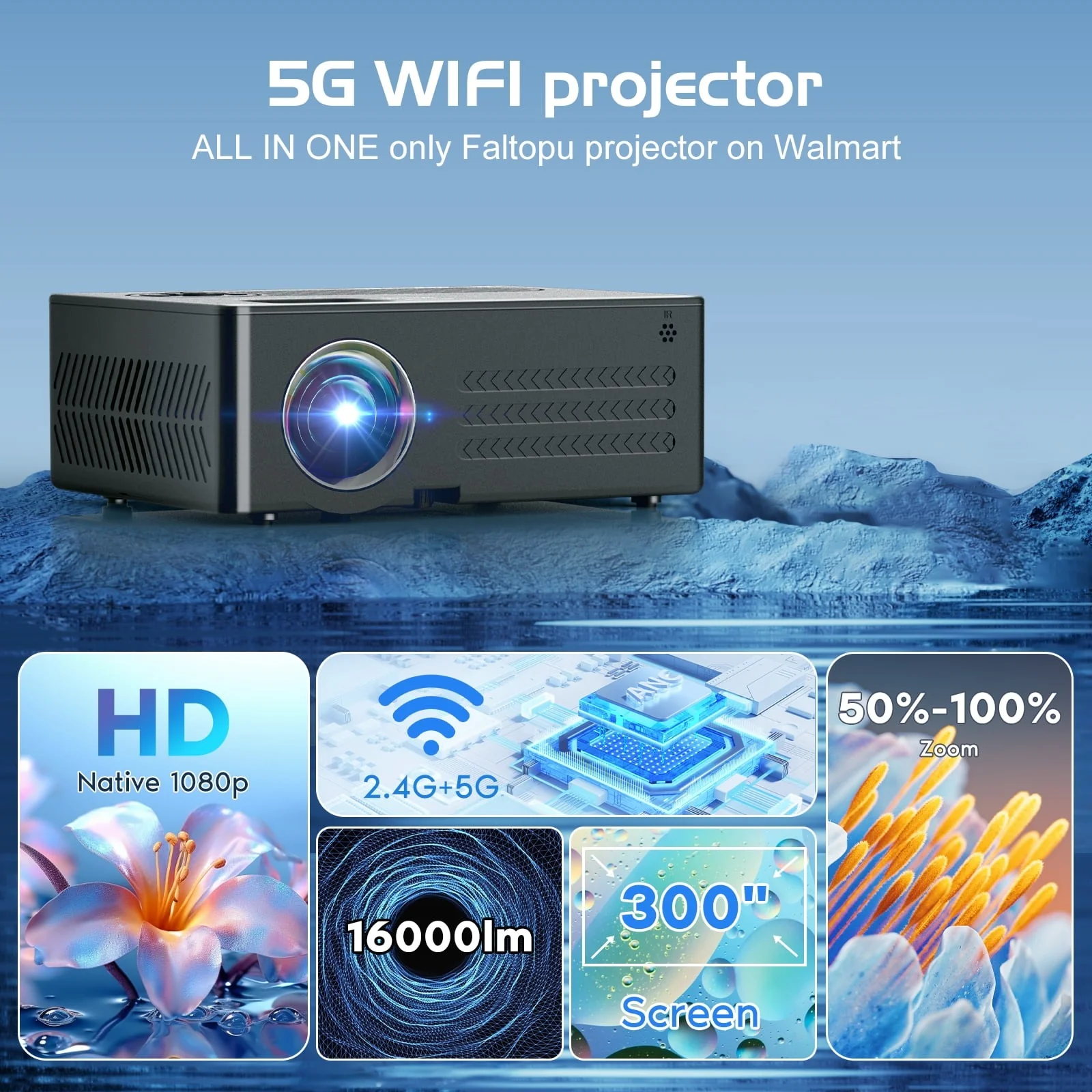 Faltopu 300" Class FHD (1080P) Smart LED Projector (DR07) - Image 3