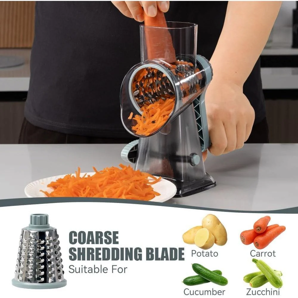 FANGNISN Cheese Shredder Rotary Grater with Handle, 3 Interchangeable Stainless Steel Blades, Strong Suction Base, Grey Blue, 9 in - Image 4