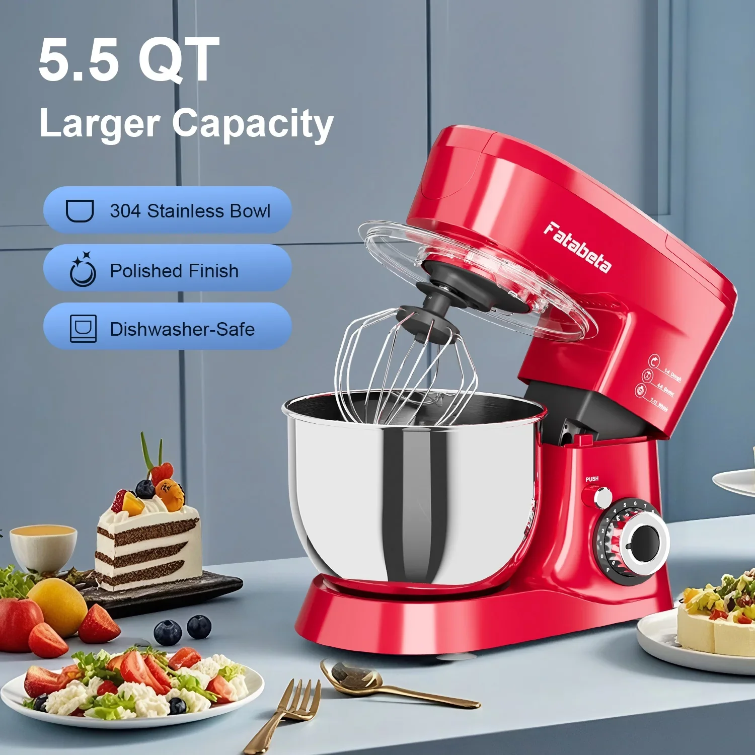 Fatabeta 1000W Stand Mixer, 5.5QT, Red - Image 2