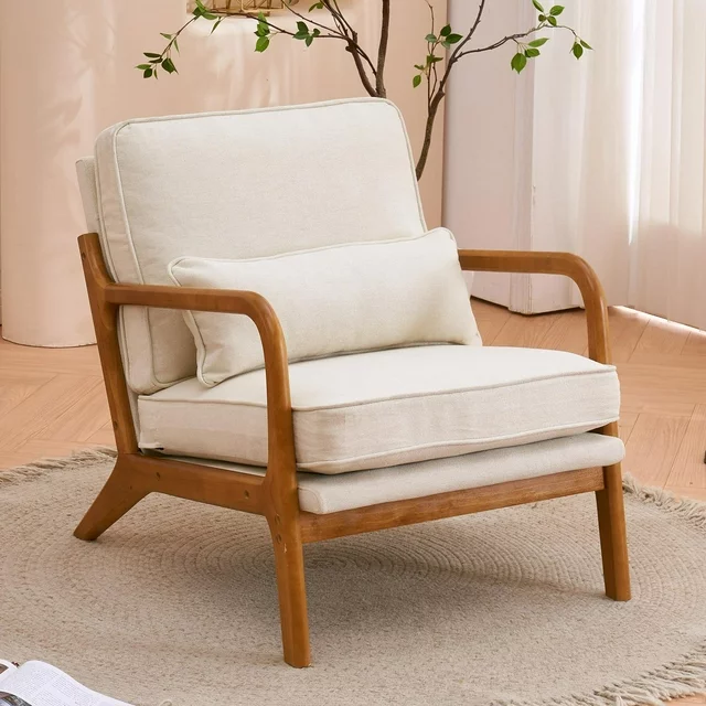 FCH LRC-17DF UBesGoo Modern Arm Linen Fabric Upholstered Comfy Reading Accent Chair With Solid Wood Frame, Beige