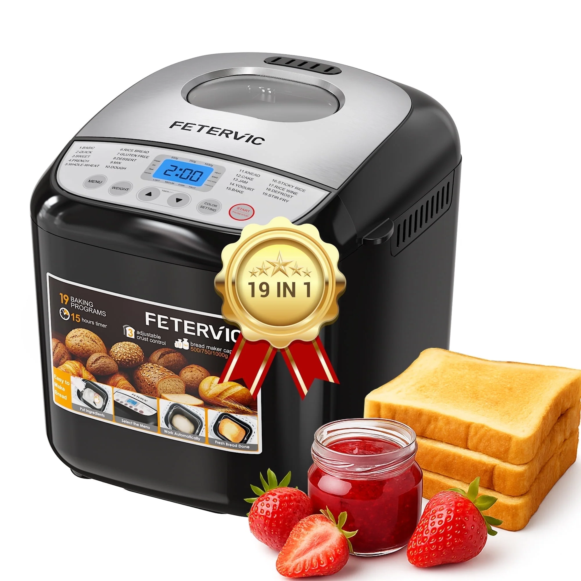 FETERVIC 19-IN-1 Bread Maker, 2LB Capacity, Nonstick Ceramic Pan, Gluten-Free, Dough, Jam, Yogurt Functions, Black, BM8113