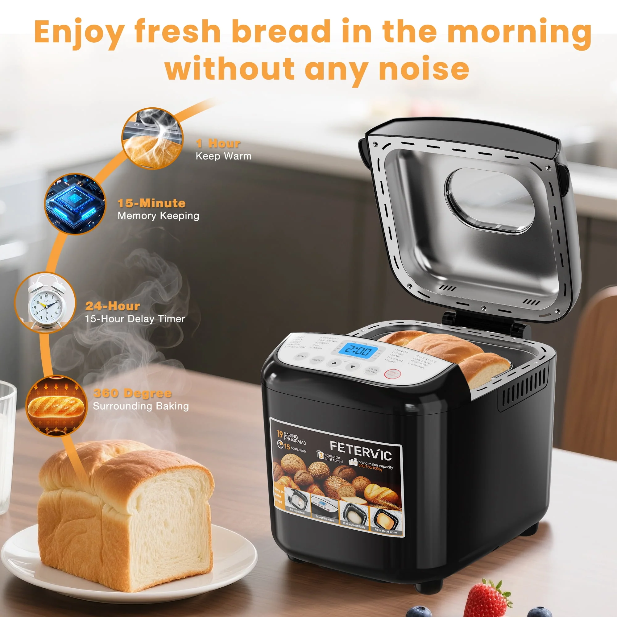 FETERVIC 19-IN-1 Bread Maker, 2LB Capacity, Nonstick Ceramic Pan, Gluten-Free, Dough, Jam, Yogurt Functions, Black, BM8113 - Image 3
