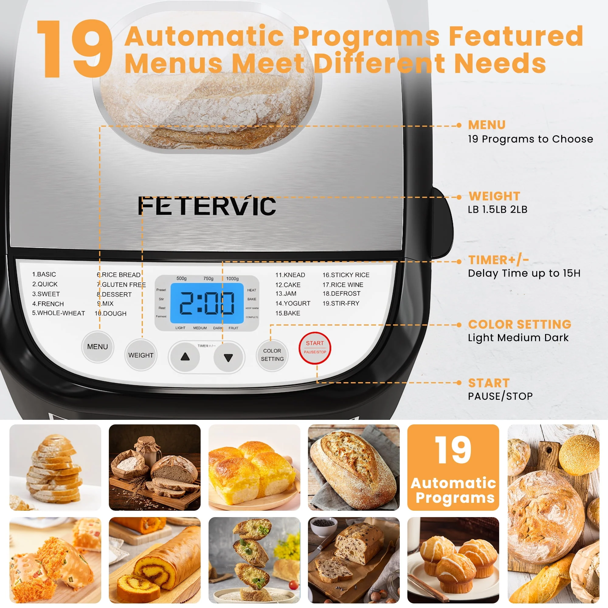 FETERVIC 19-IN-1 Bread Maker, 2LB Capacity, Nonstick Ceramic Pan, Gluten-Free, Dough, Jam, Yogurt Functions, Black, BM8113 - Image 4