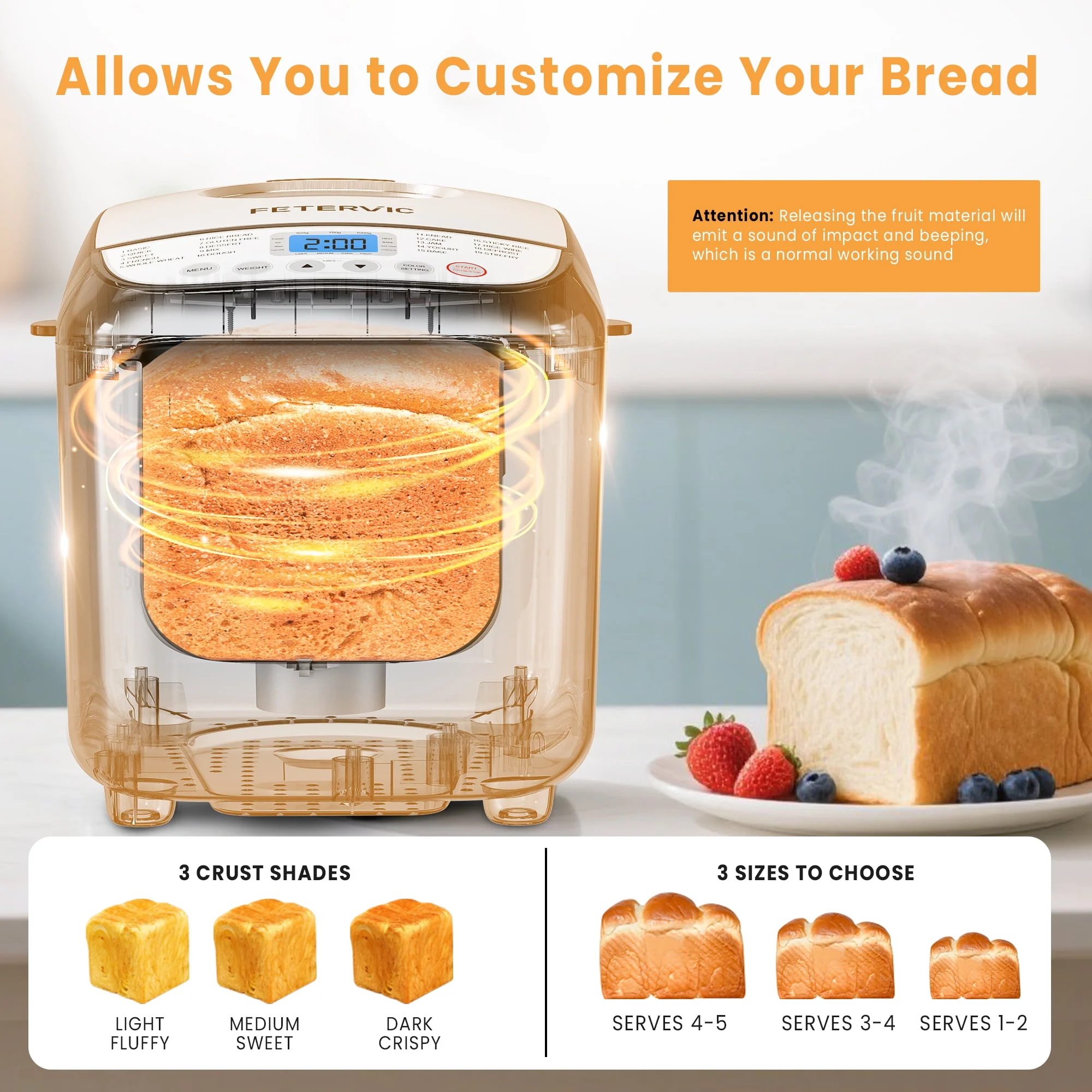 FETERVIC 19-IN-1 Bread Maker, 2LB Capacity, Nonstick Ceramic Pan, Gluten-Free, Dough, Jam, Yogurt Functions, Black, BM8113 - Image 5