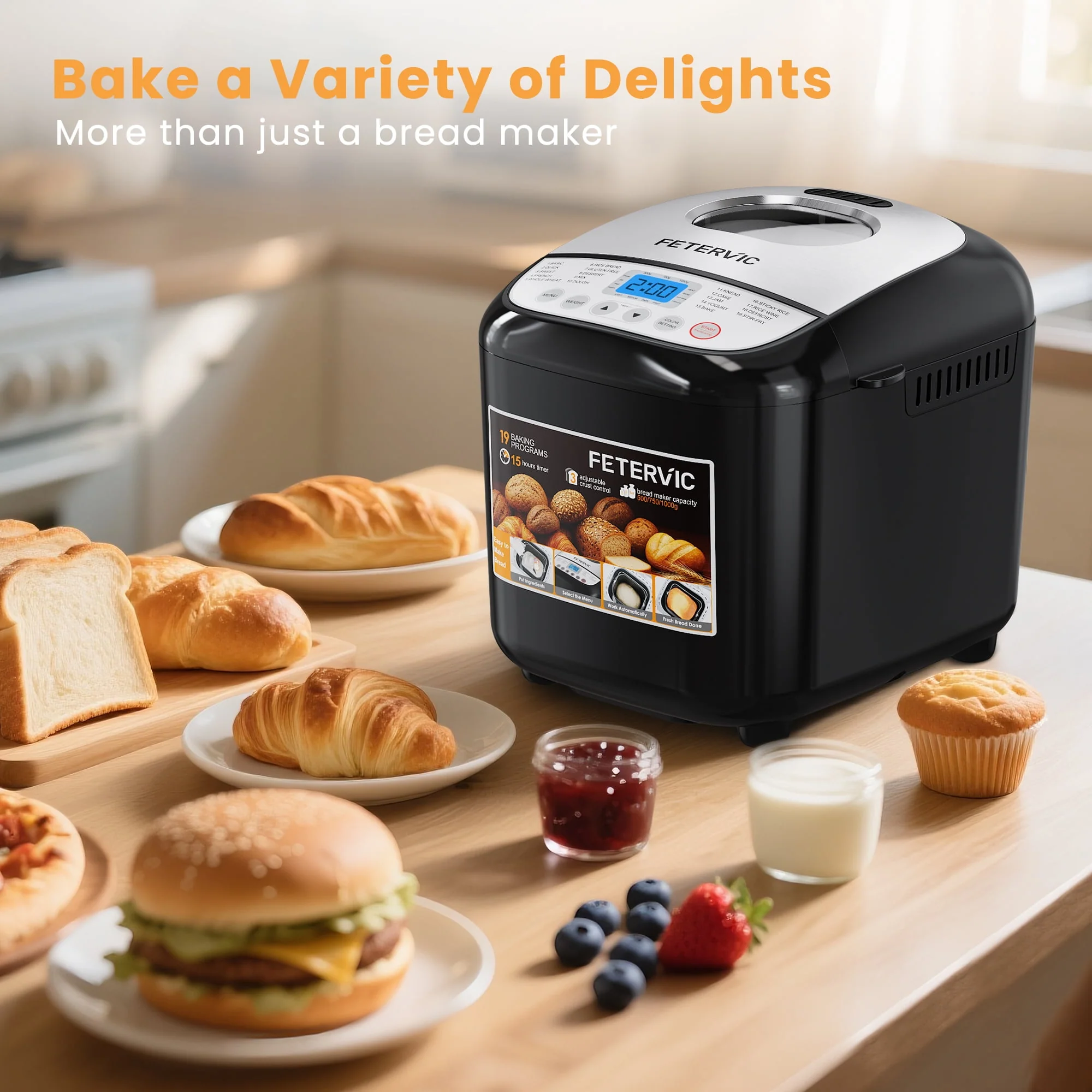FETERVIC 19-IN-1 Bread Maker, 2LB Capacity, Nonstick Ceramic Pan, Gluten-Free, Dough, Jam, Yogurt Functions, Black, BM8113 - Image 6