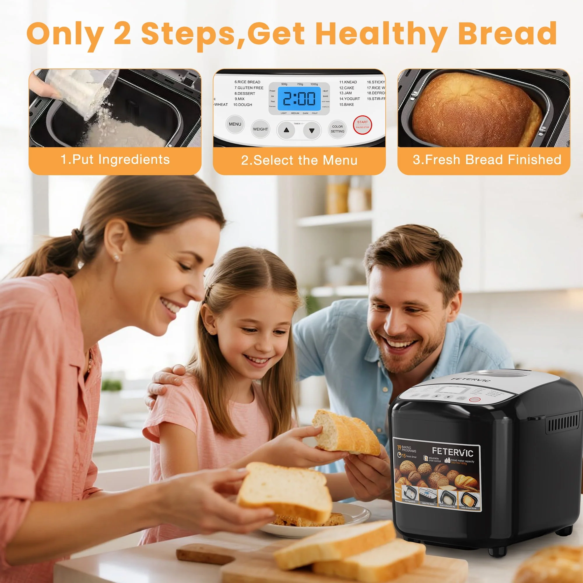 FETERVIC 19-IN-1 Bread Maker, 2LB Capacity, Nonstick Ceramic Pan, Gluten-Free, Dough, Jam, Yogurt Functions, Black, BM8113 - Image 7