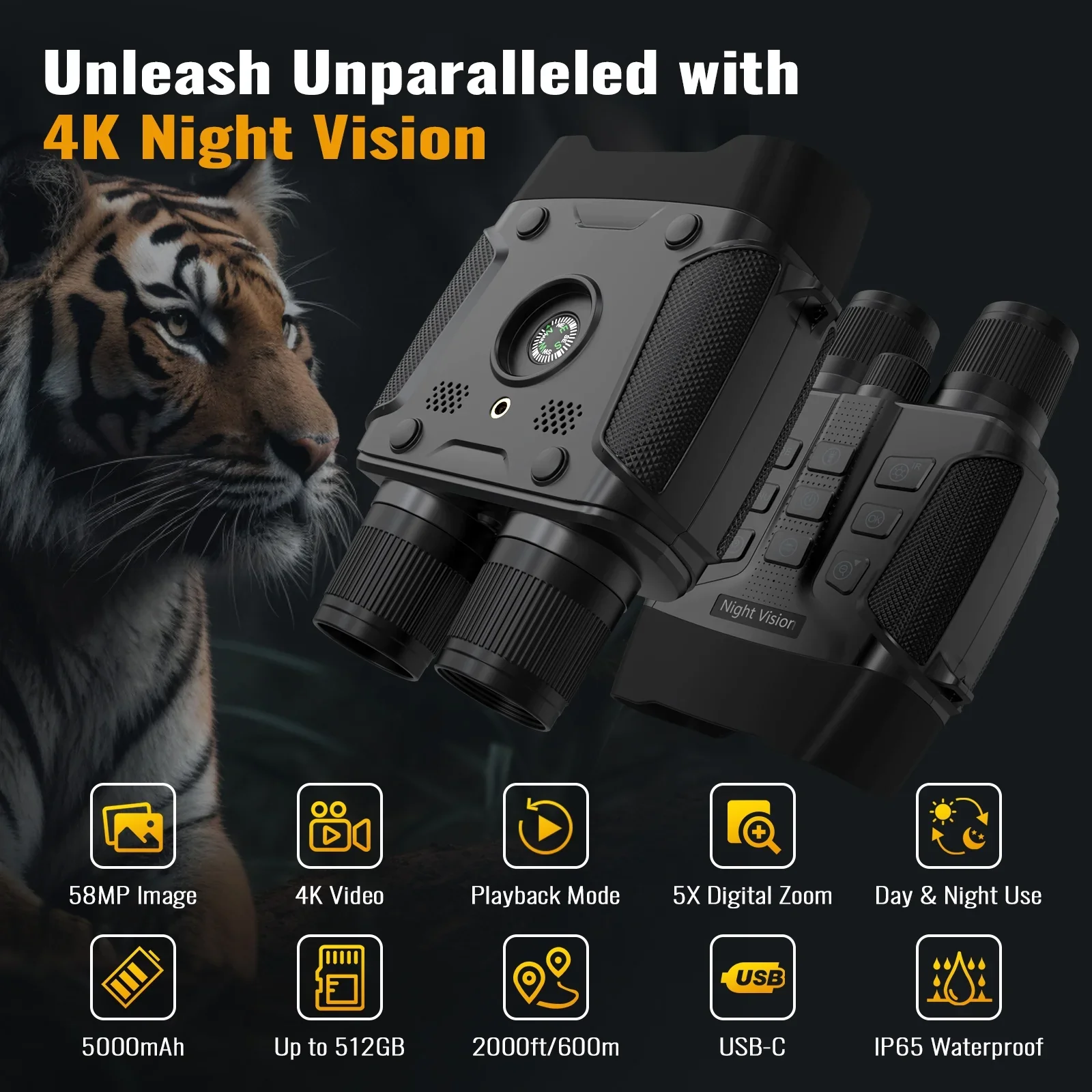 Fetervic Z096 IP65 Waterproof 4K Video Recording Night Vision Hunting Gear Binoculars for Adults - Image 2