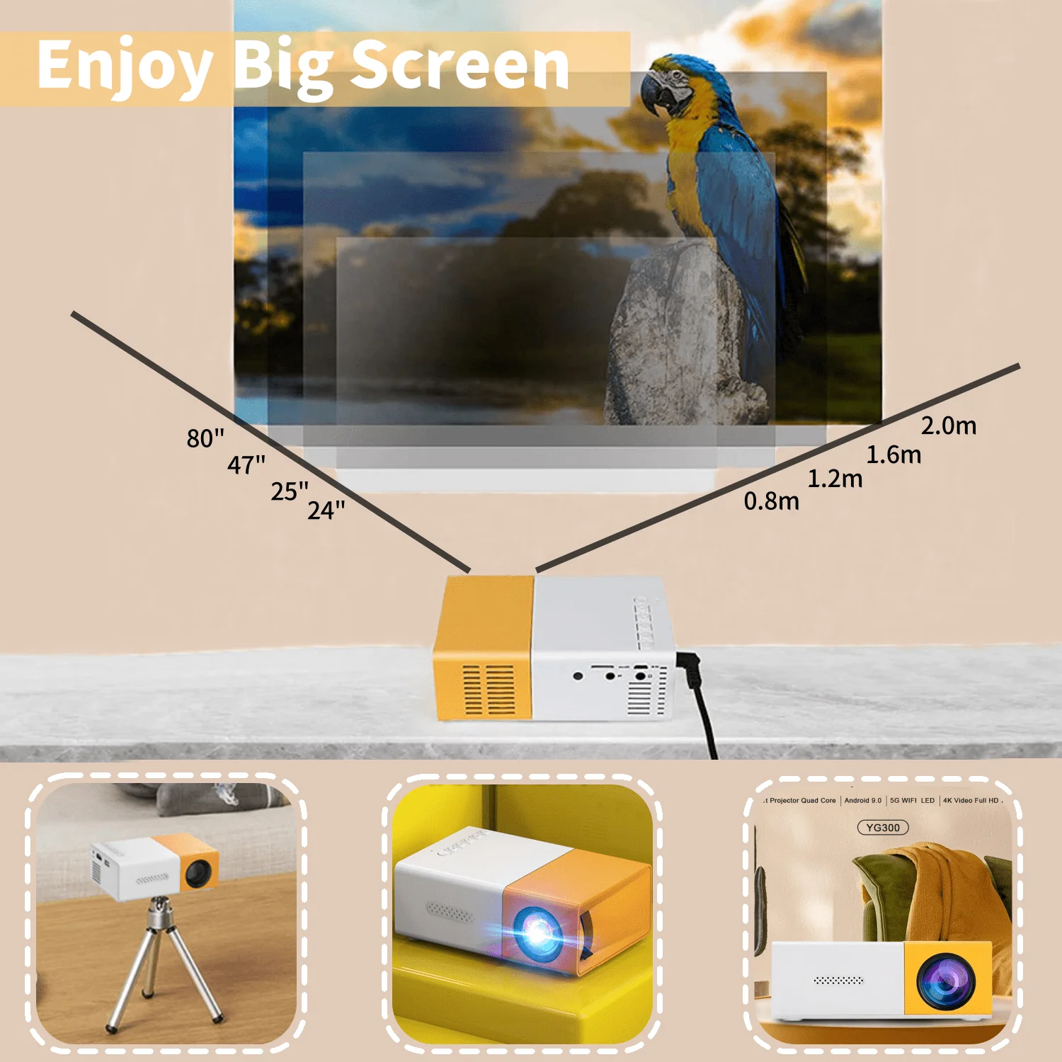 Finopo Mini Portable Projector, 1080p HD, 400 Lumens, LED Pico Video Projector with Remote Control, YG300 - Image 3