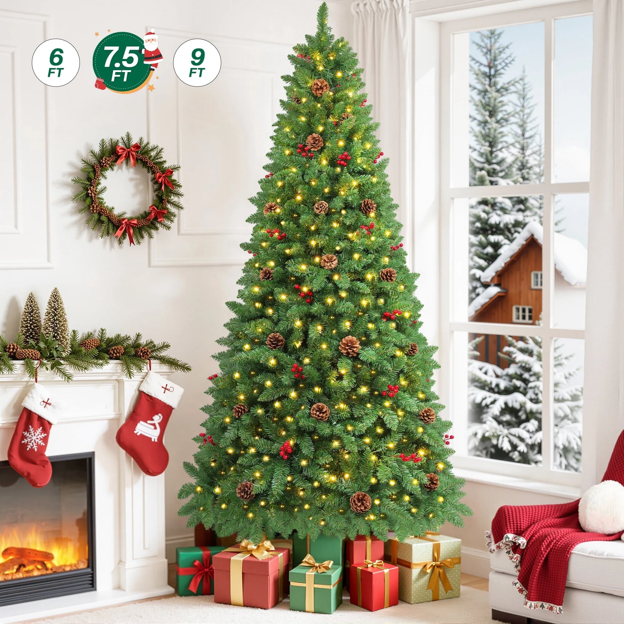 Firstness 7.5ft Pre-Lit Artificial Christmas Tree with 450 Warm White LED Lights, 1300 Branch Tips, Pine Cones and Red Berries