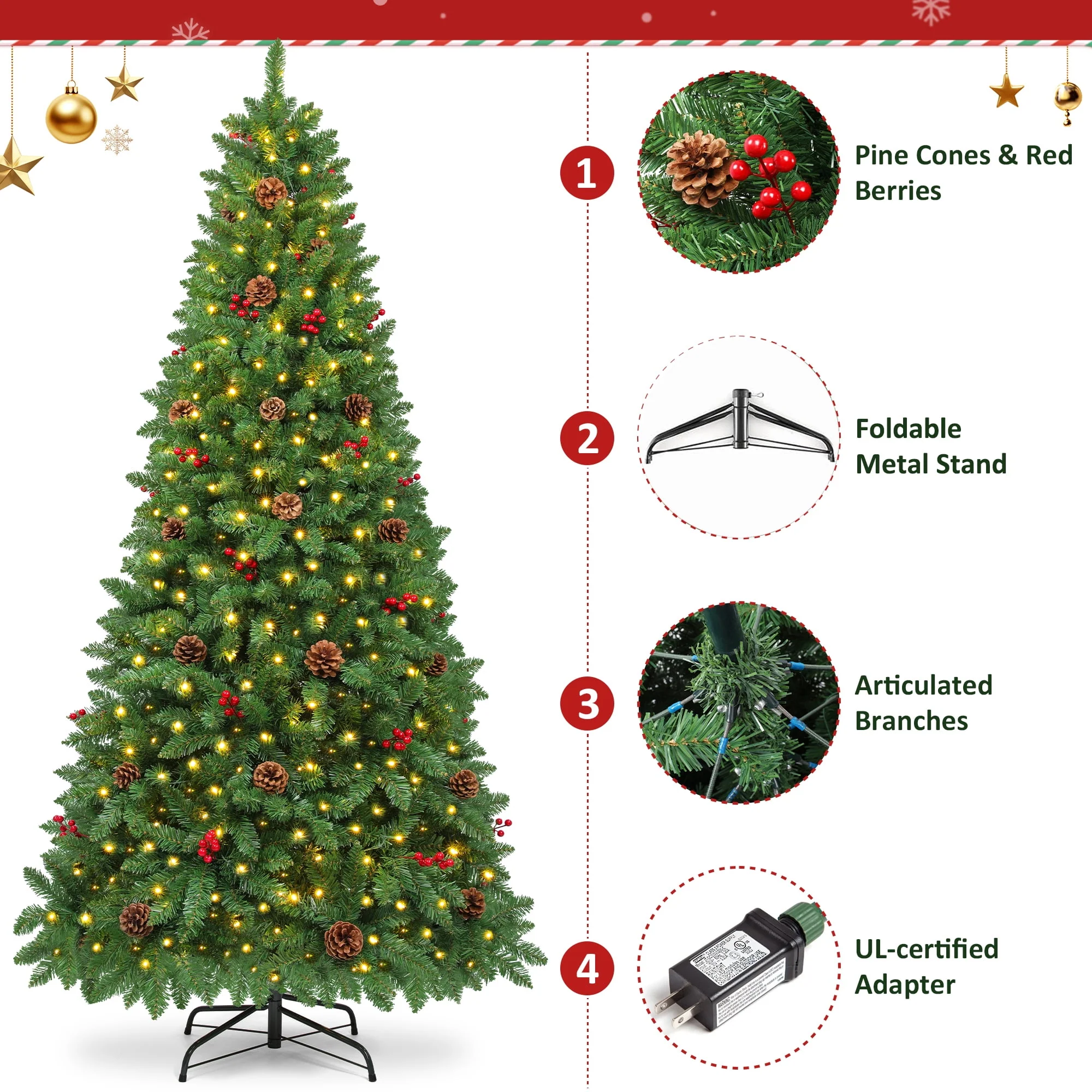Firstness 7.5ft Pre-Lit Artificial Christmas Tree with 450 Warm White LED Lights, 1300 Branch Tips, Pine Cones and Red Berries - Image 3