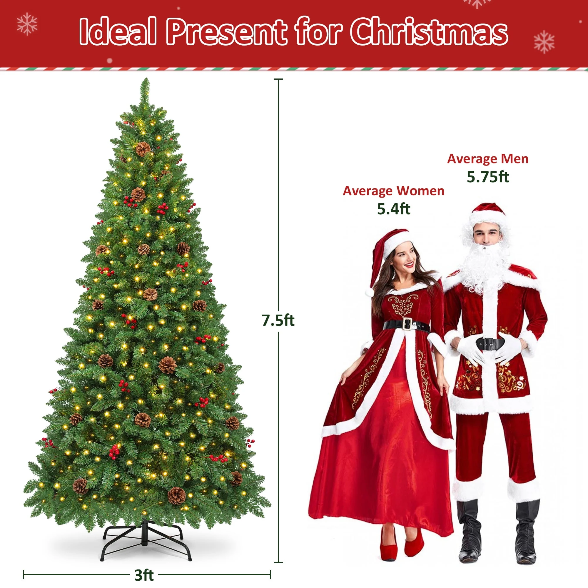 Firstness 7.5ft Pre-Lit Artificial Christmas Tree with 450 Warm White LED Lights, 1300 Branch Tips, Pine Cones and Red Berries - Image 4