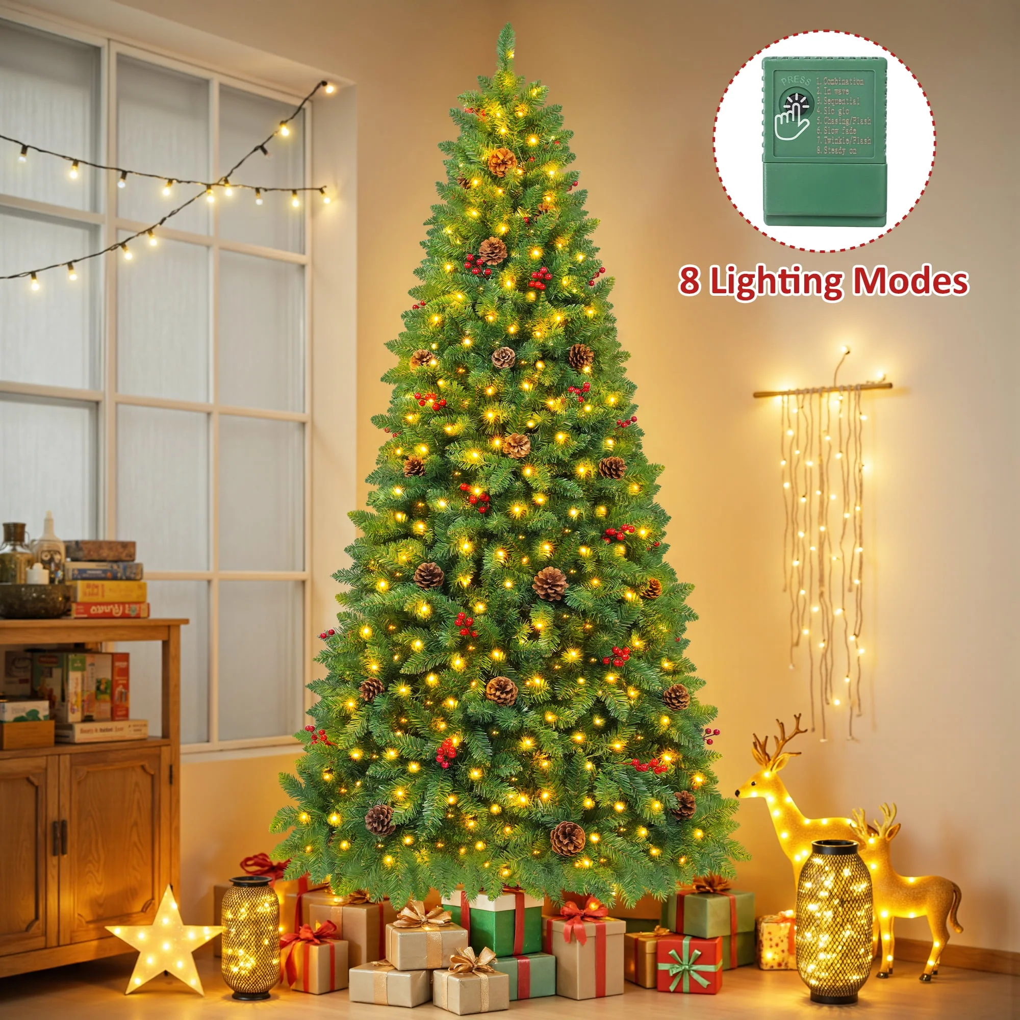 Firstness 7.5ft Pre-Lit Artificial Christmas Tree with 450 Warm White LED Lights, 1300 Branch Tips, Pine Cones and Red Berries - Image 5