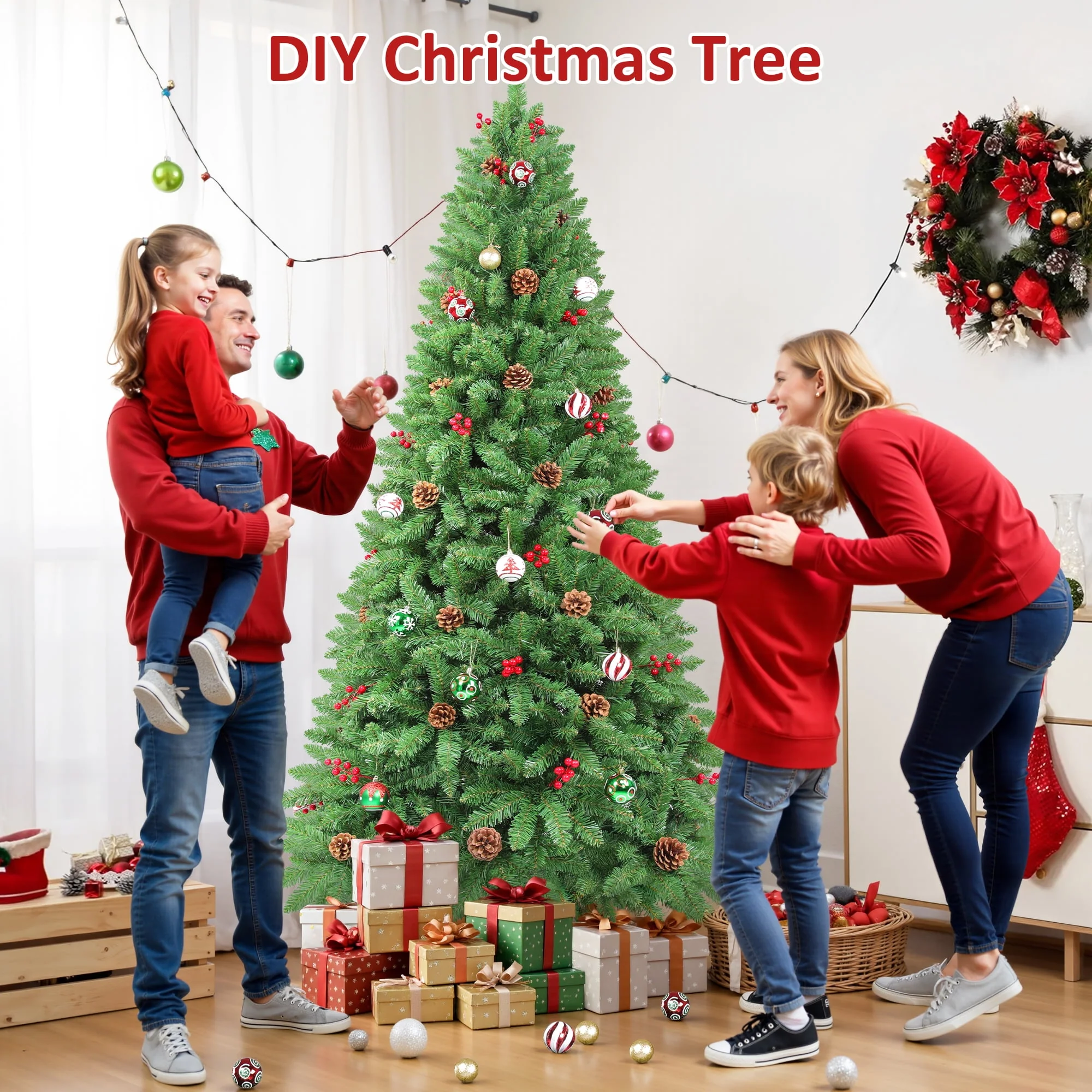 Firstness 7.5ft Pre-Lit Artificial Christmas Tree with 450 Warm White LED Lights, 1300 Branch Tips, Pine Cones and Red Berries - Image 6