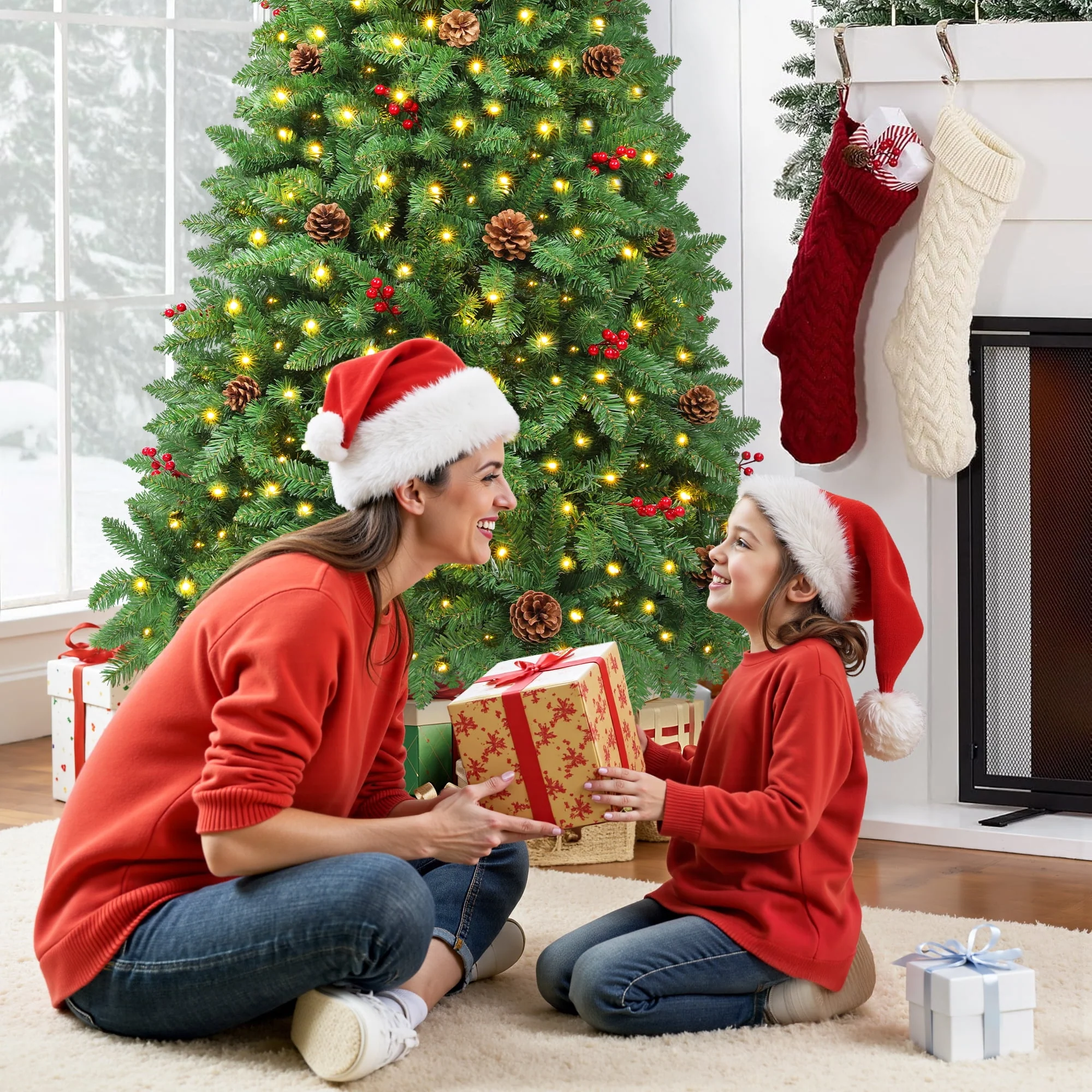 Firstness 7.5ft Pre-Lit Artificial Christmas Tree with 450 Warm White LED Lights, 1300 Branch Tips, Pine Cones and Red Berries - Image 7