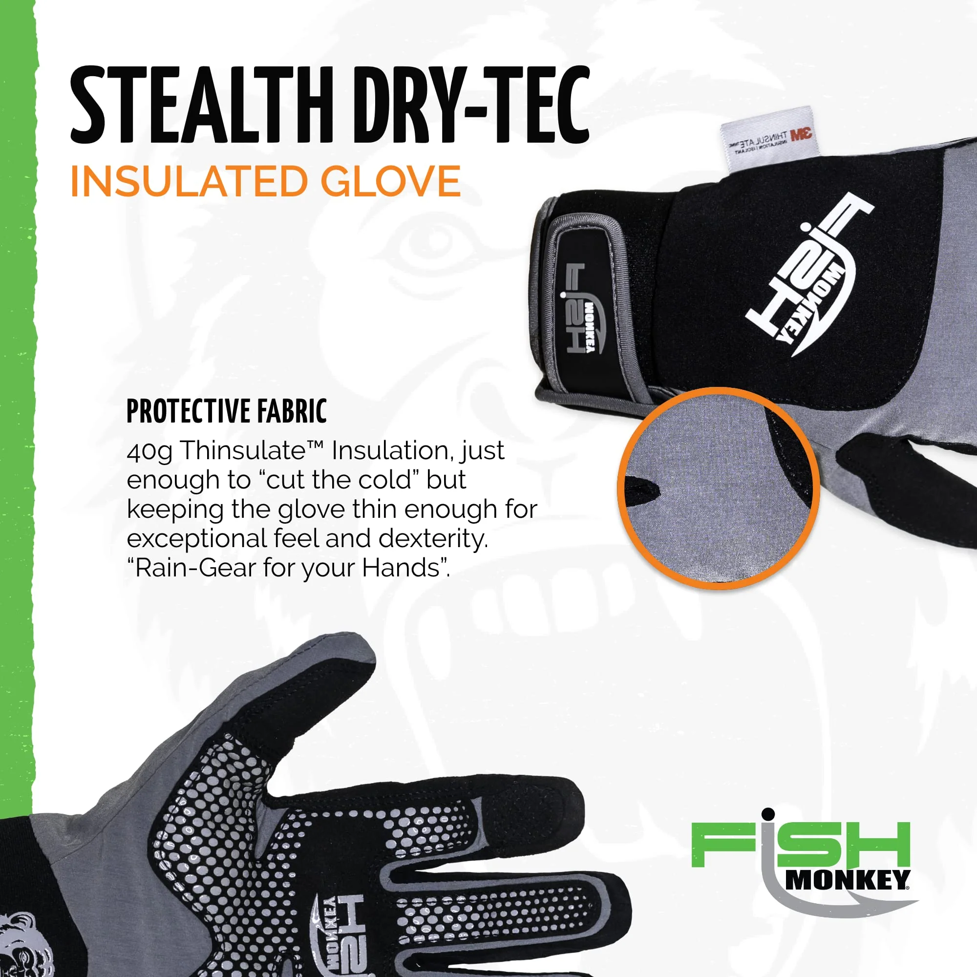 Fish Monkey Stealth Dry-Tec Waterproof Insulated Fishing Gloves, 40g Thinsulate, Non-Slip Monkey Grip Palm, Touchscreen Compatible, Grey Black, Large, FM38-GRY-L - Image 4