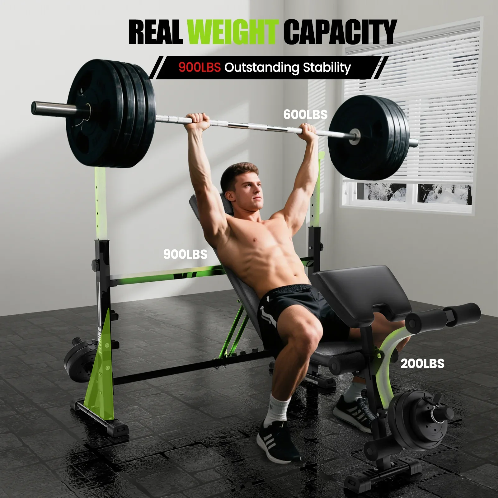 Flybird Standard Weight Bench with Preacher Curl, Leg Developer, Chest & Shoulder Rack, 900lbs - Adjustable Positions - Image 3