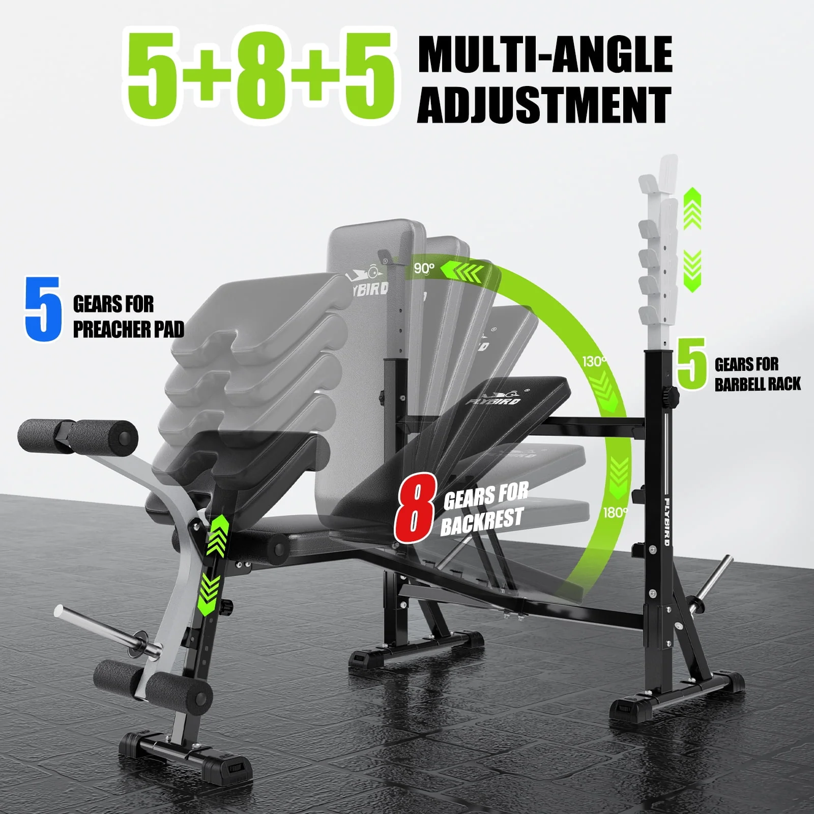 Flybird Standard Weight Bench with Preacher Curl, Leg Developer, Chest & Shoulder Rack, 900lbs - Adjustable Positions - Image 4