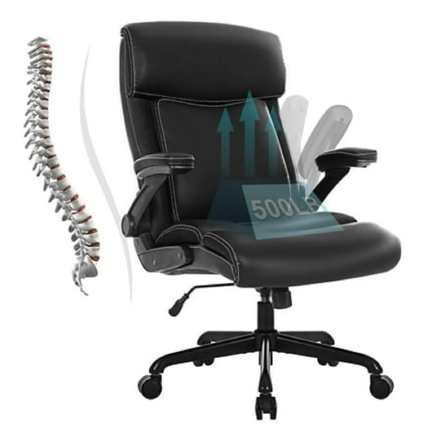 FLYSKY Big And Tall 500lbs Ergonomic High Back Leather Executive Office Chair With Flip-Up Armrests, Black - Image 2