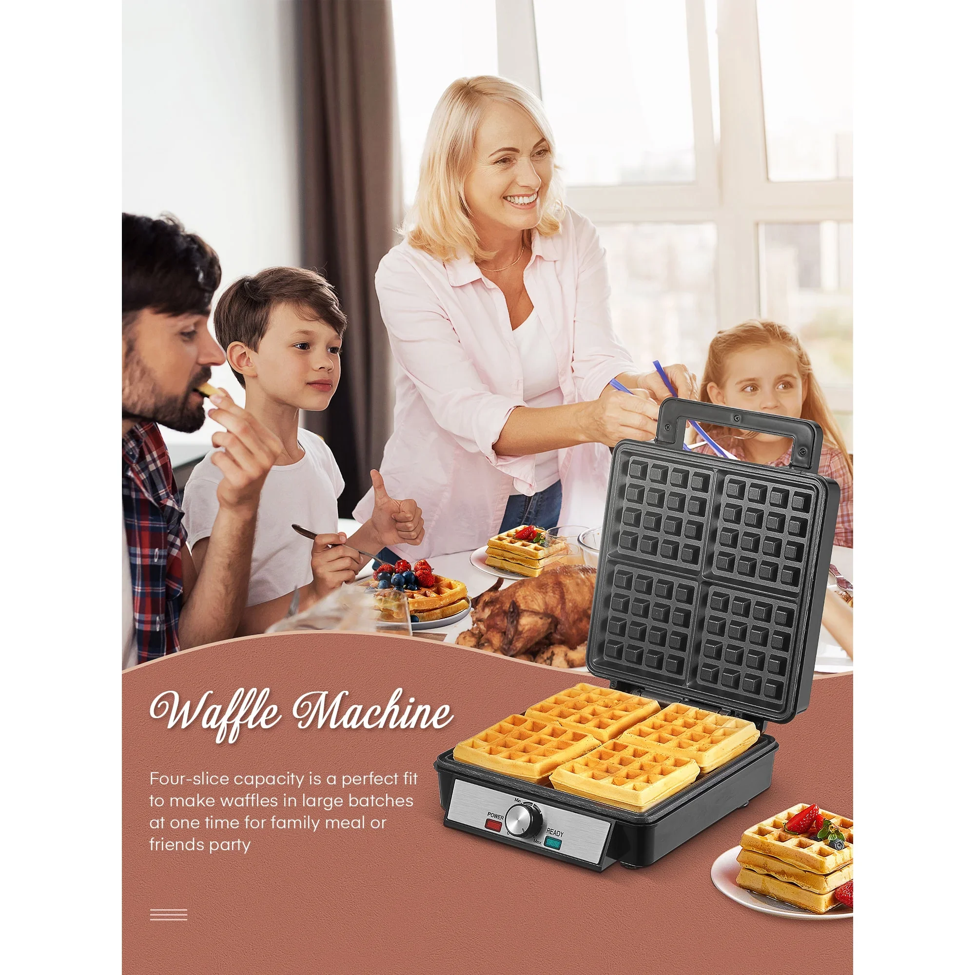 FOHERE C043 4-Waffle Electric Belgian Waffle Maker, Black Stainless Steel - Image 3