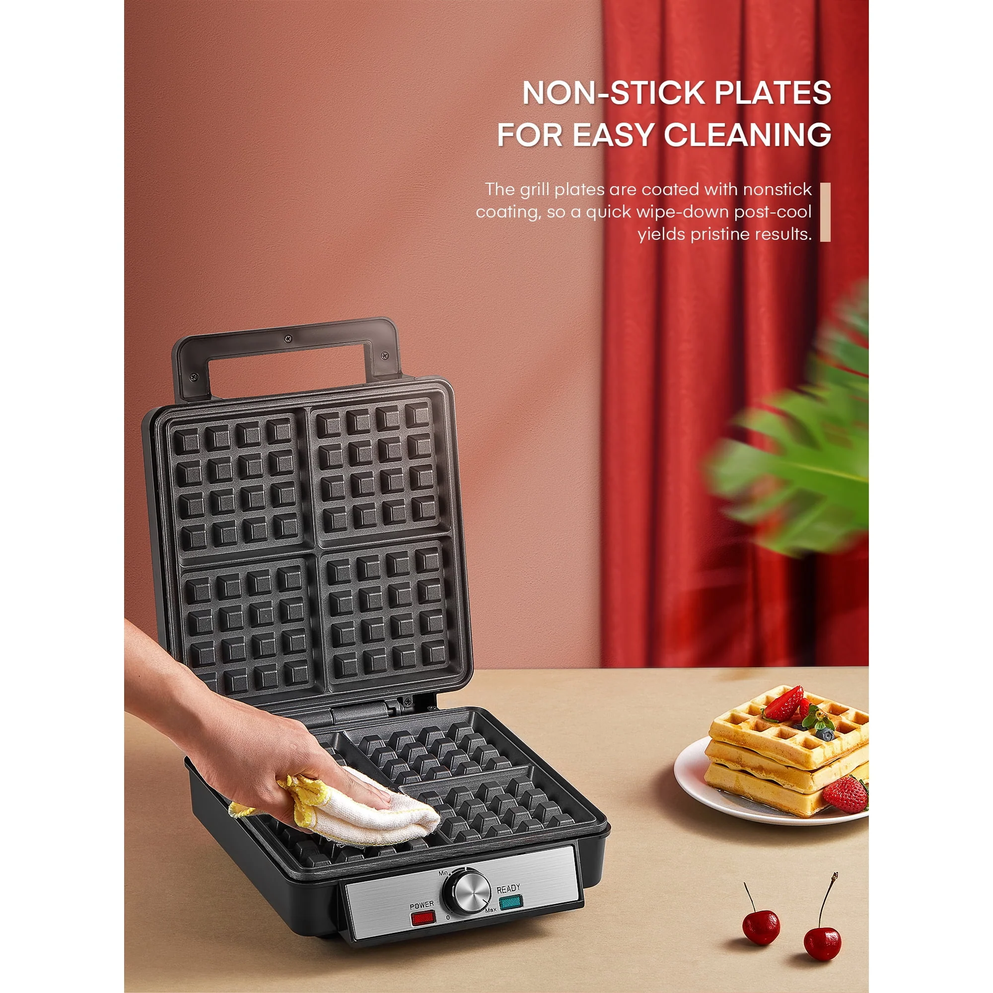 FOHERE C043 4-Waffle Electric Belgian Waffle Maker, Black Stainless Steel - Image 4