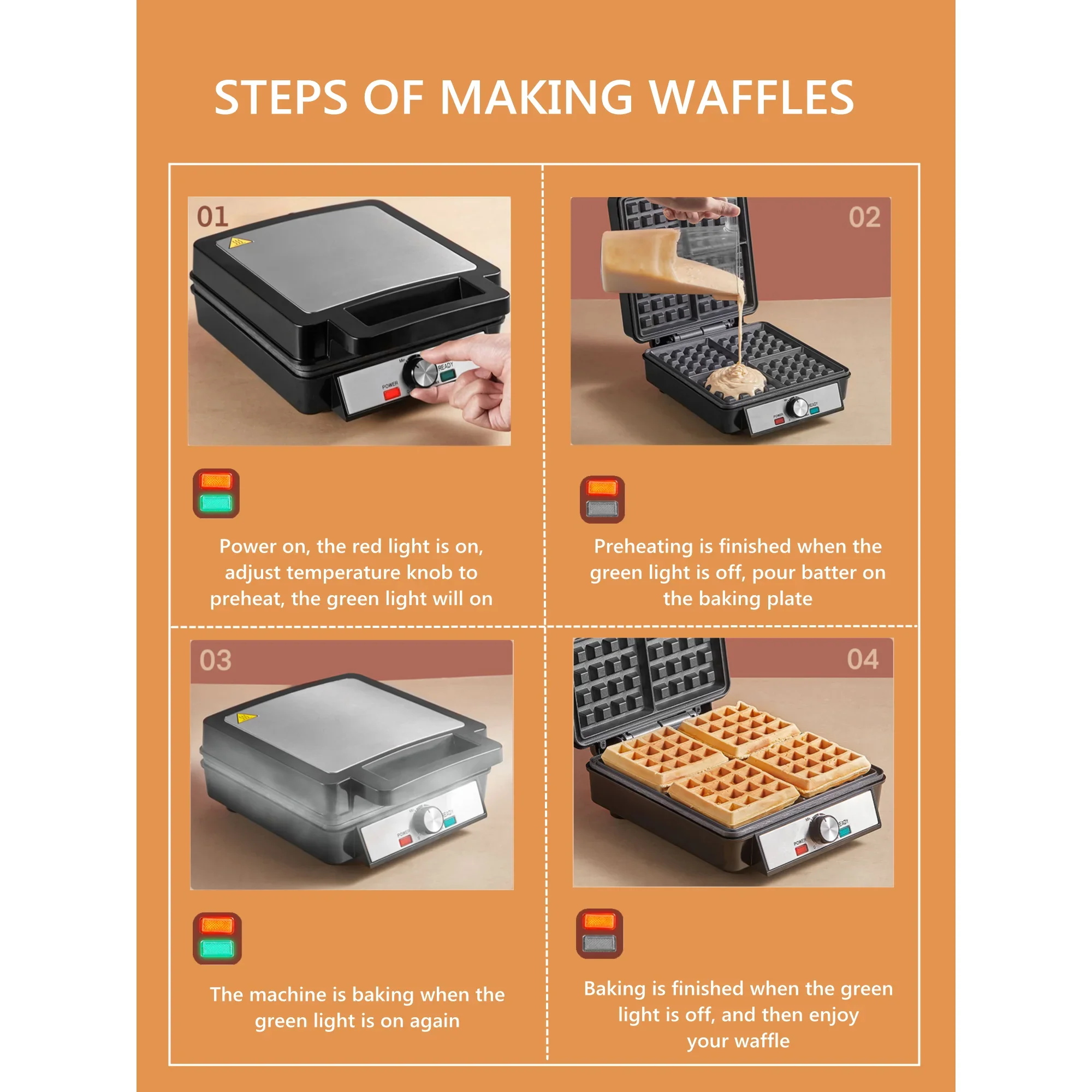 FOHERE C043 4-Waffle Electric Belgian Waffle Maker, Black Stainless Steel - Image 5