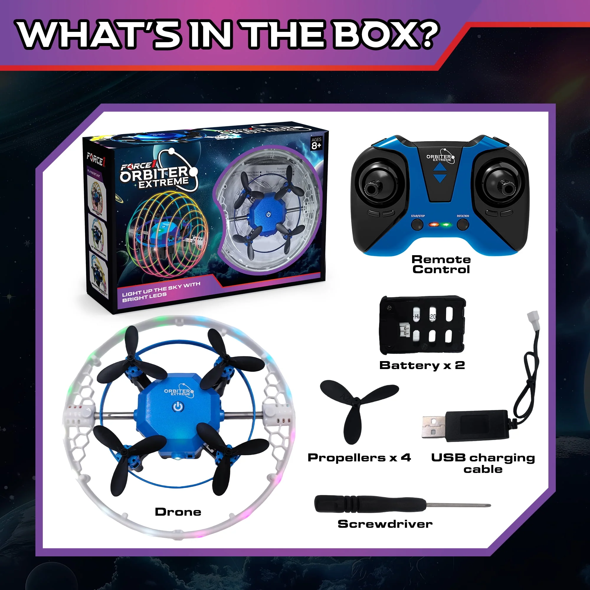 Force1 F1-ORBEXT-BLU Remote Control Drone Toy, Orbiter Extreme 360 LED STEM RC Drone, for Kids Ages 8 and Up - Image 3