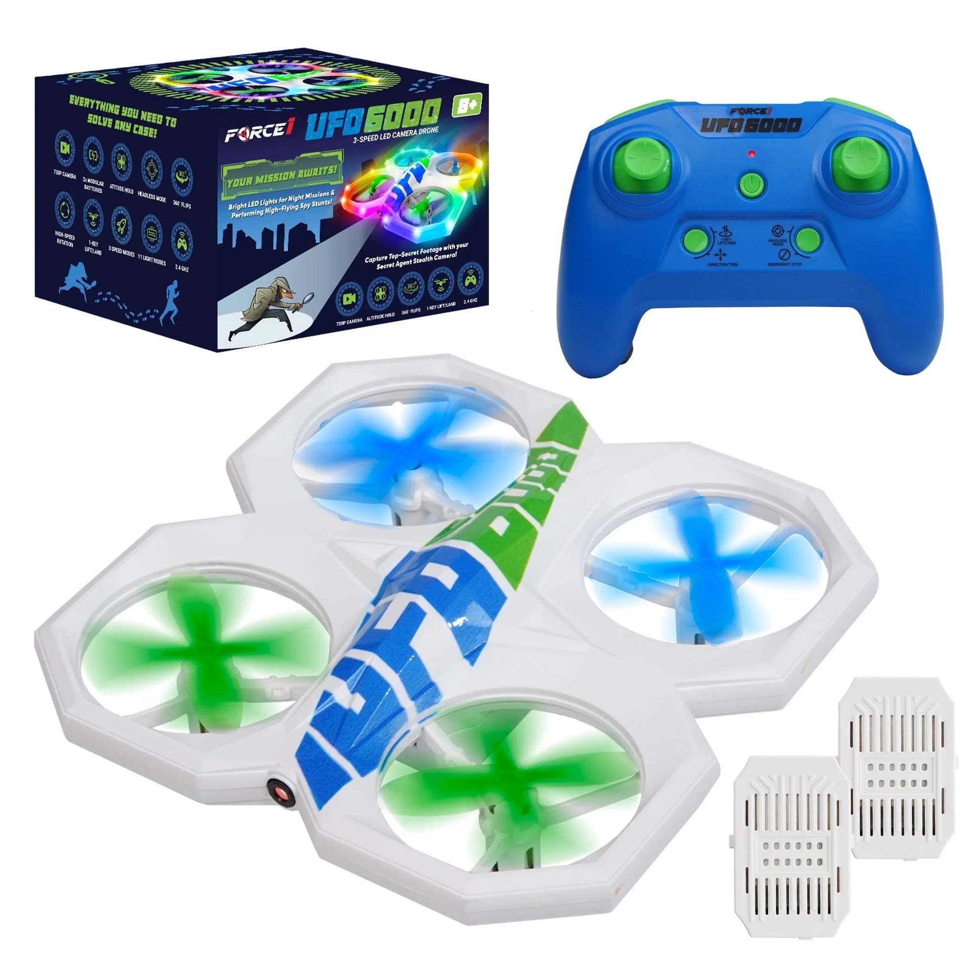 Force1 UFO 6000 Mini RC Stunt Aerial Drone with Camera, Multicolor LED Lights, Durable Propeller Guards, Dual Rechargeable Batteries, Blue - Image 2