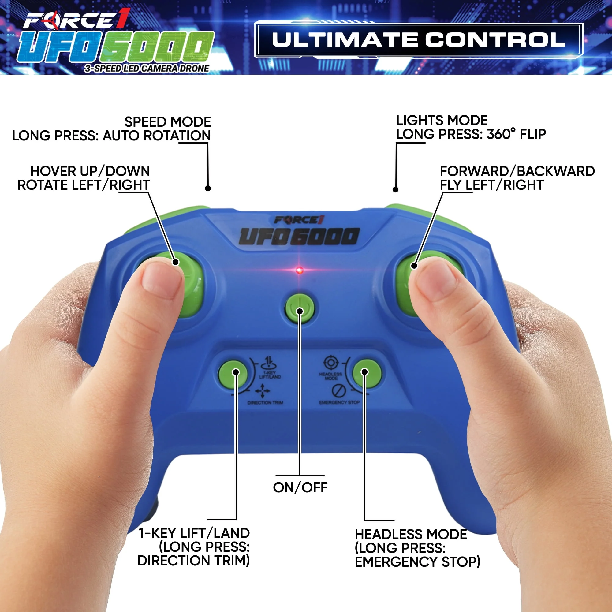 Force1 UFO 6000 Mini RC Stunt Aerial Drone with Camera, Multicolor LED Lights, Durable Propeller Guards, Dual Rechargeable Batteries, Blue - Image 3