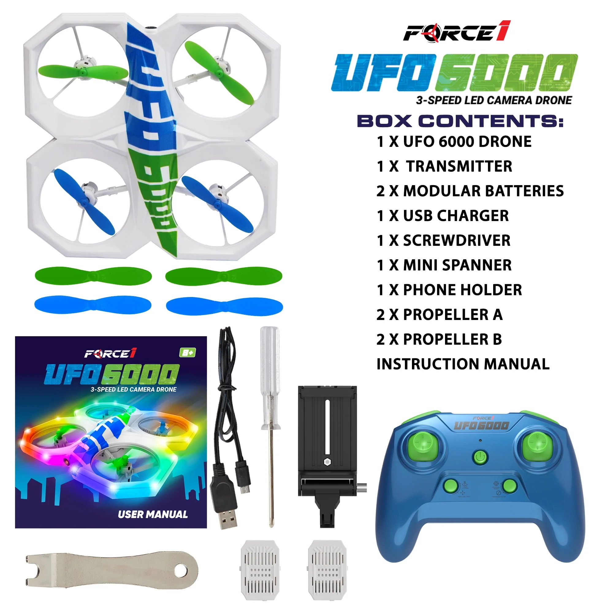 Force1 UFO 6000 Mini RC Stunt Aerial Drone with Camera, Multicolor LED Lights, Durable Propeller Guards, Dual Rechargeable Batteries, Blue - Image 6