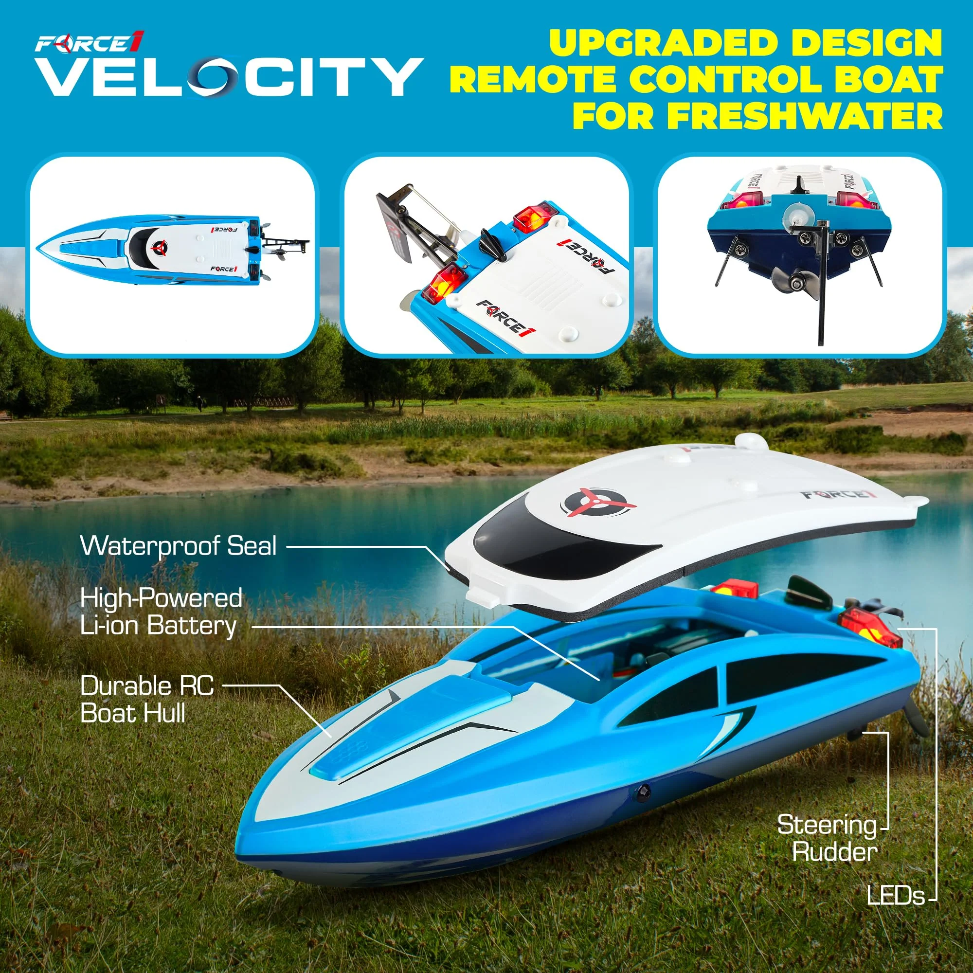 Force1 Velocity Blue Fast Remote Control Boat with Underwater Driving, Auto Capsize Recovery, Rechargeable Batteries, 2.4GHz Transmitter - Image 6