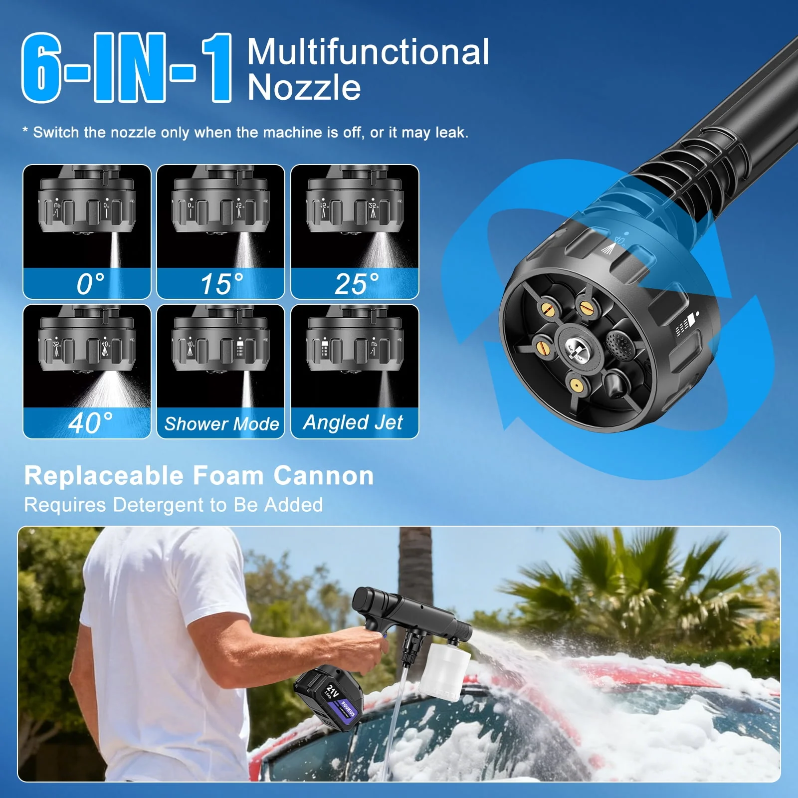 Foukus FK-241104 Cordless Pressure Washer, 1200 PSI, 21V Battery Powered, 6-in-1 Adjustable Nozzle, Foam Sprayer - Image 4