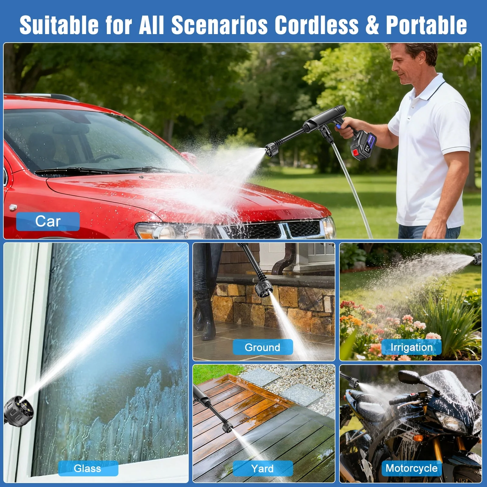 Foukus FK-241104 Cordless Pressure Washer, 1200 PSI, 21V Battery Powered, 6-in-1 Adjustable Nozzle, Foam Sprayer - Image 7