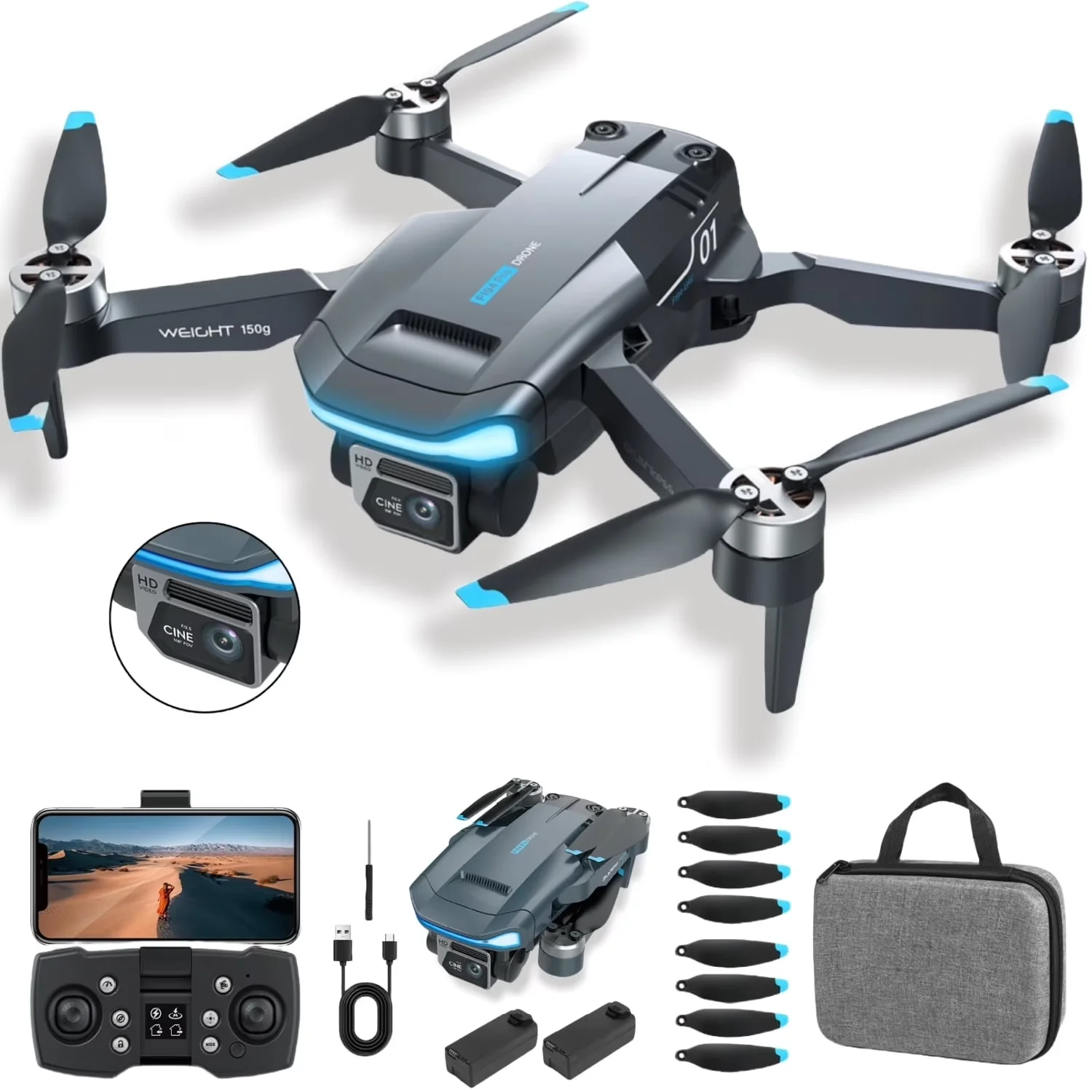 Freecat F194 GPS Drones with Camera for Adults, F194 1080HD Foldable Lightweigh Drones Quadcopter, 2 Battery, Black
