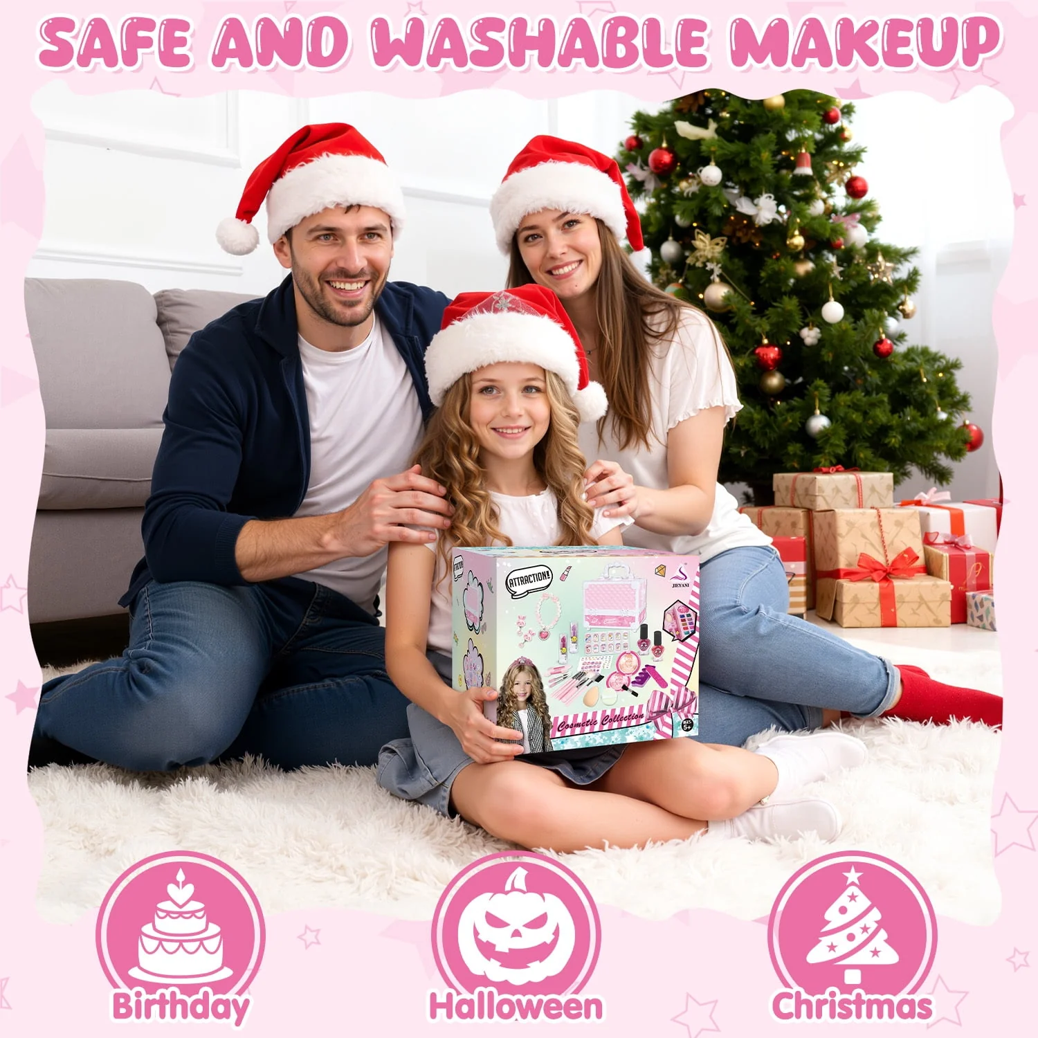 Freecat Kids Makeup Set for Girls, Washable Non-Toxic Lip Gloss, Blush, Eyeshadow, Nail Art Tools, Toy Jewelry, Portable Pink Case, Ages 3-12, 46 Pieces - Image 2