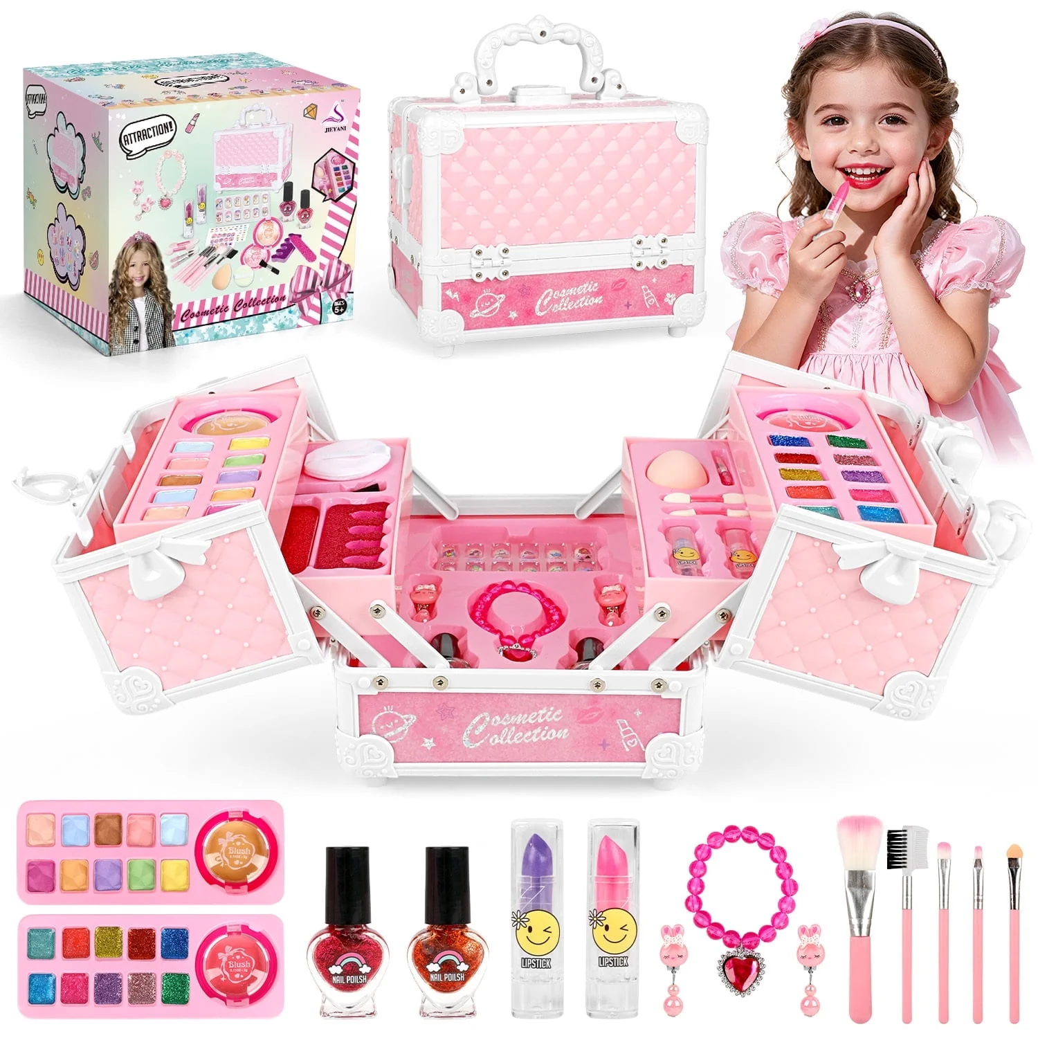 Freecat Kids Makeup Set for Girls, Washable Non-Toxic Lip Gloss, Blush, Eyeshadow, Nail Art Tools, Toy Jewelry, Portable Pink Case, Ages 3-12, 46 Pieces - Image 6