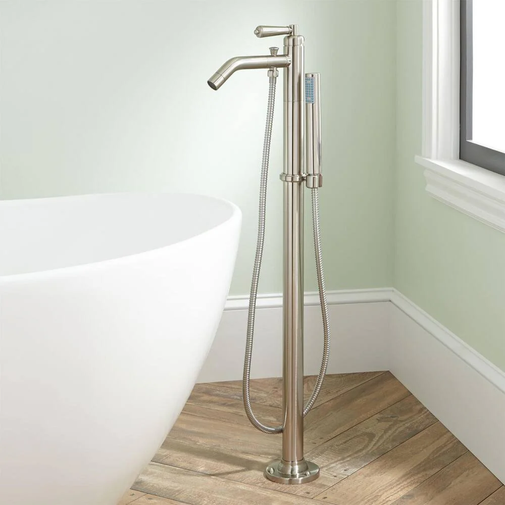 Freestanding tub faucet with hand spray - brass lever handle - ceramic disc cartridge - brass mounting plate with dec caps - Brushed Nickel