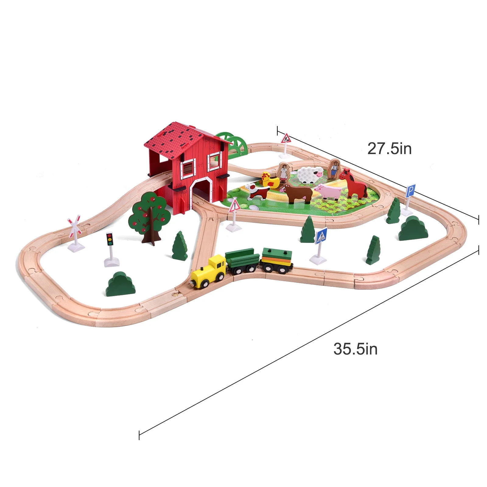 Fun Little Toys Wooden Train Set, 77-Piece Farm Play Set with Magnetic Carriages, Barn, Animals, Trees, Wood Construction, Medium Size - Image 3