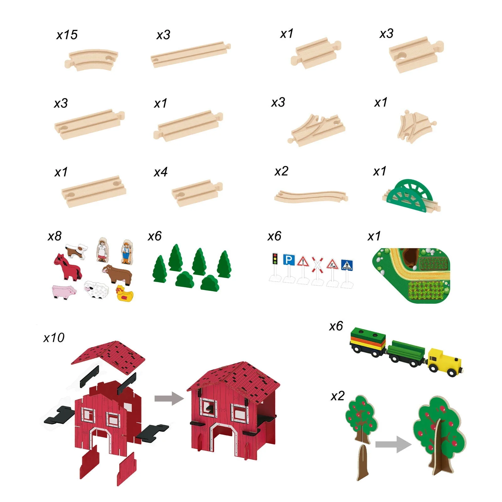 Fun Little Toys Wooden Train Set, 77-Piece Farm Play Set with Magnetic Carriages, Barn, Animals, Trees, Wood Construction, Medium Size - Image 4