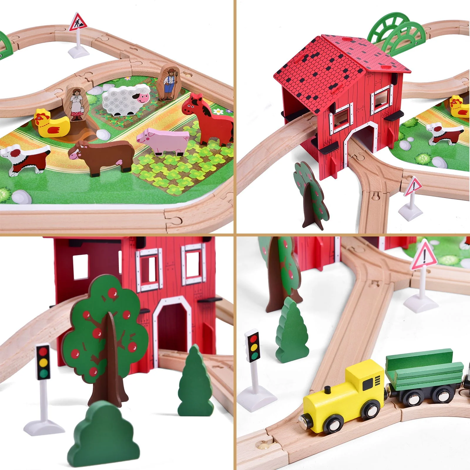 Fun Little Toys Wooden Train Set, 77-Piece Farm Play Set with Magnetic Carriages, Barn, Animals, Trees, Wood Construction, Medium Size - Image 7