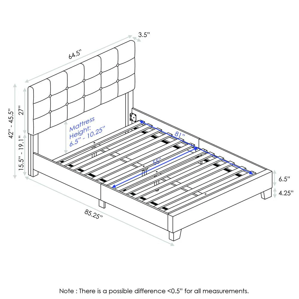 Furinno Laval Button Tufted Upholstered Platform Bed Frame, Glacier, Queen, 12 Slat Style, FB17020Q-GL - Image 3