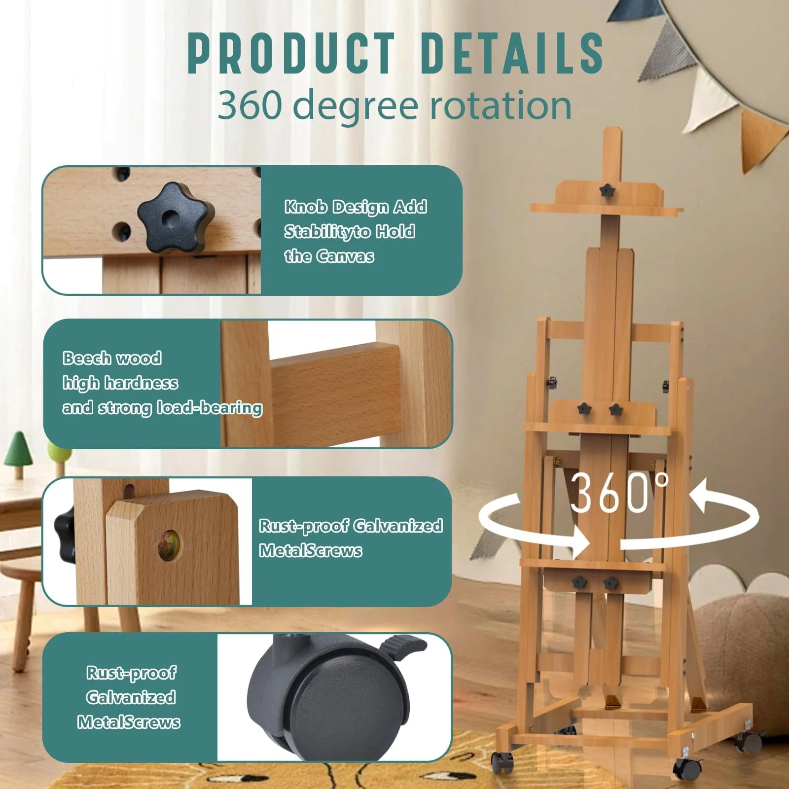 G TALECO GEAR H-Frame Easel, Adjustable Dual Canvas Setup, Beechwood, Foldable with Lockable Wheels, Supports Canvases up to 77 in, Reddish Brown or Natural - Image 6