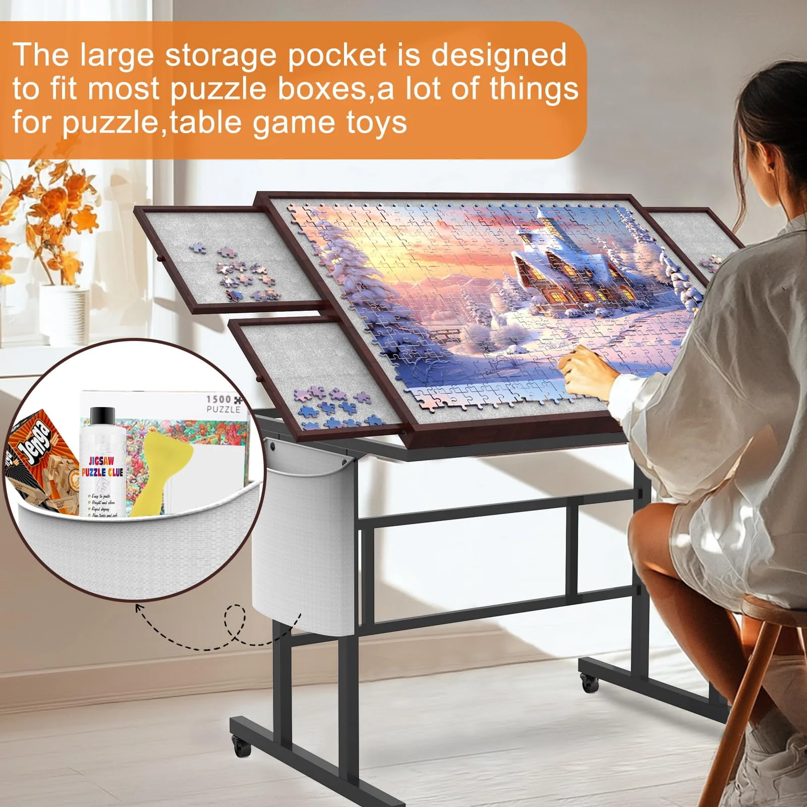 G TALECO GEAR Jigsaw Puzzle Table with Four Felt-Lined Drawers, Five Adjustable Angles, Pet-Proof Cover, Coffee Color, 35"x26" - Image 3