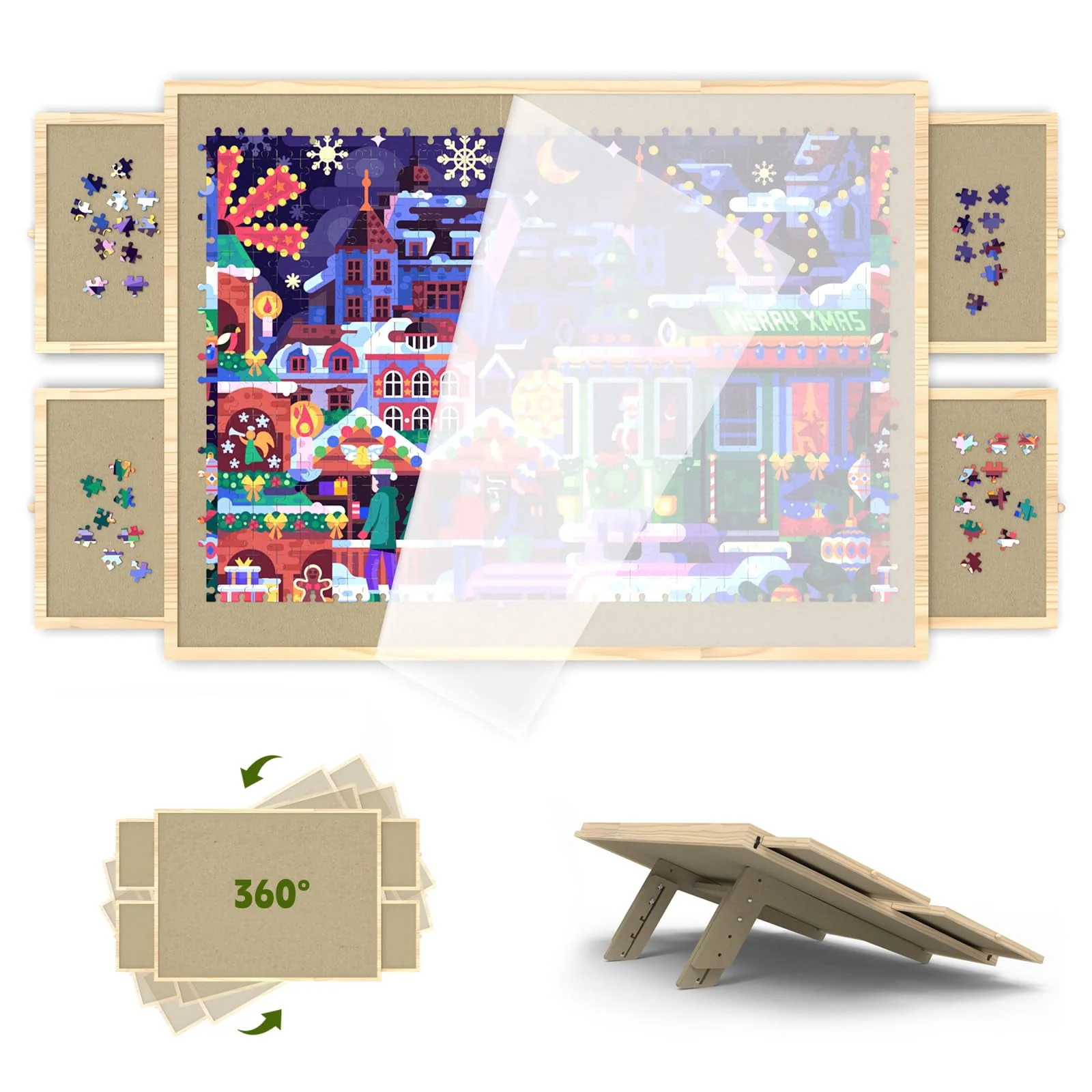 G TALECO GEAR Wooden 1500-Piece Puzzle Board with 360 Rotation, Adjustable Tilting Stand, Four Drawers, Protective Cover, Portable Hardwood Table