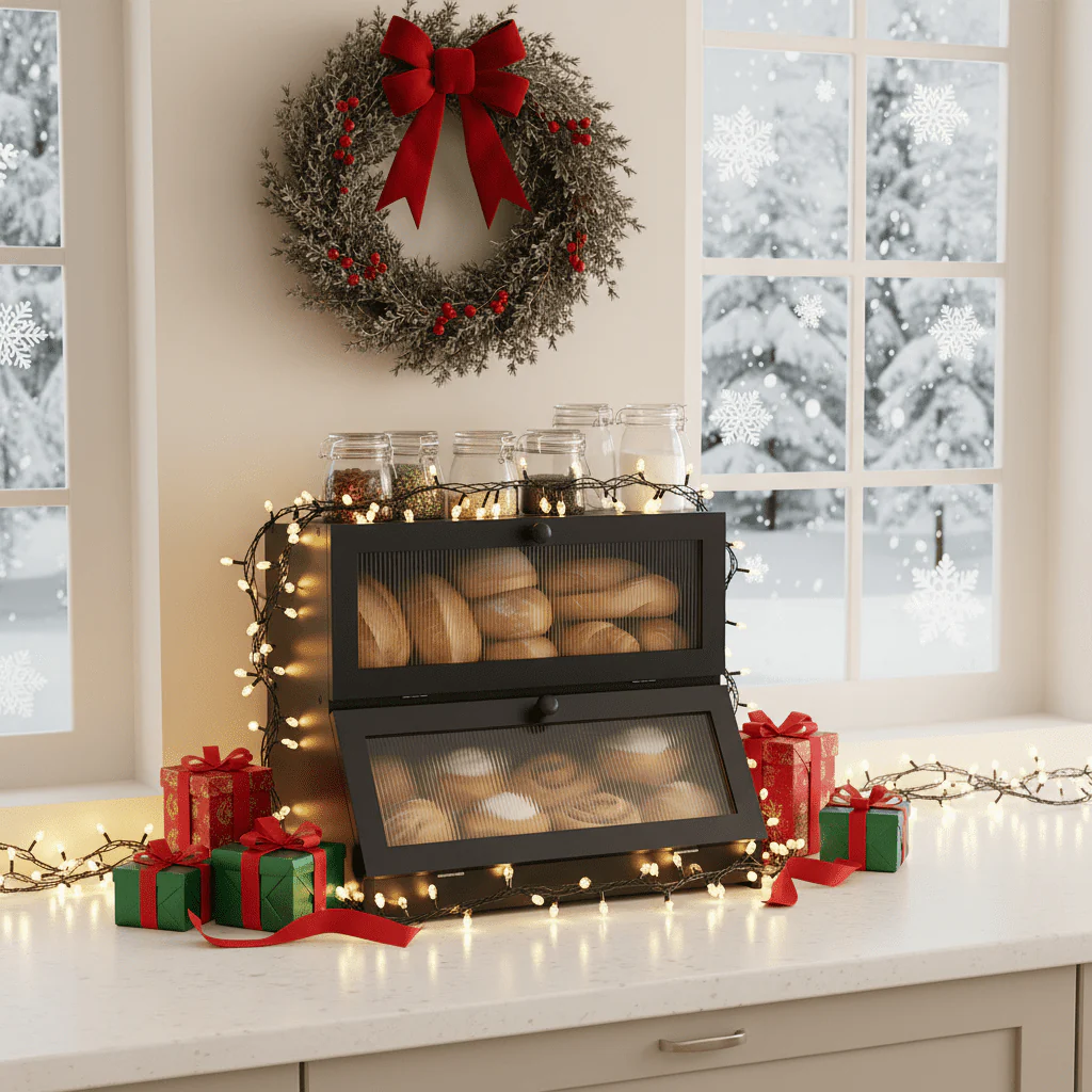 GAMBE Double Layer Bamboo Bread Box with Frosted Acrylic Door Panel, Black, Large Capacity Kitchen Countertop Organizer - Image 6
