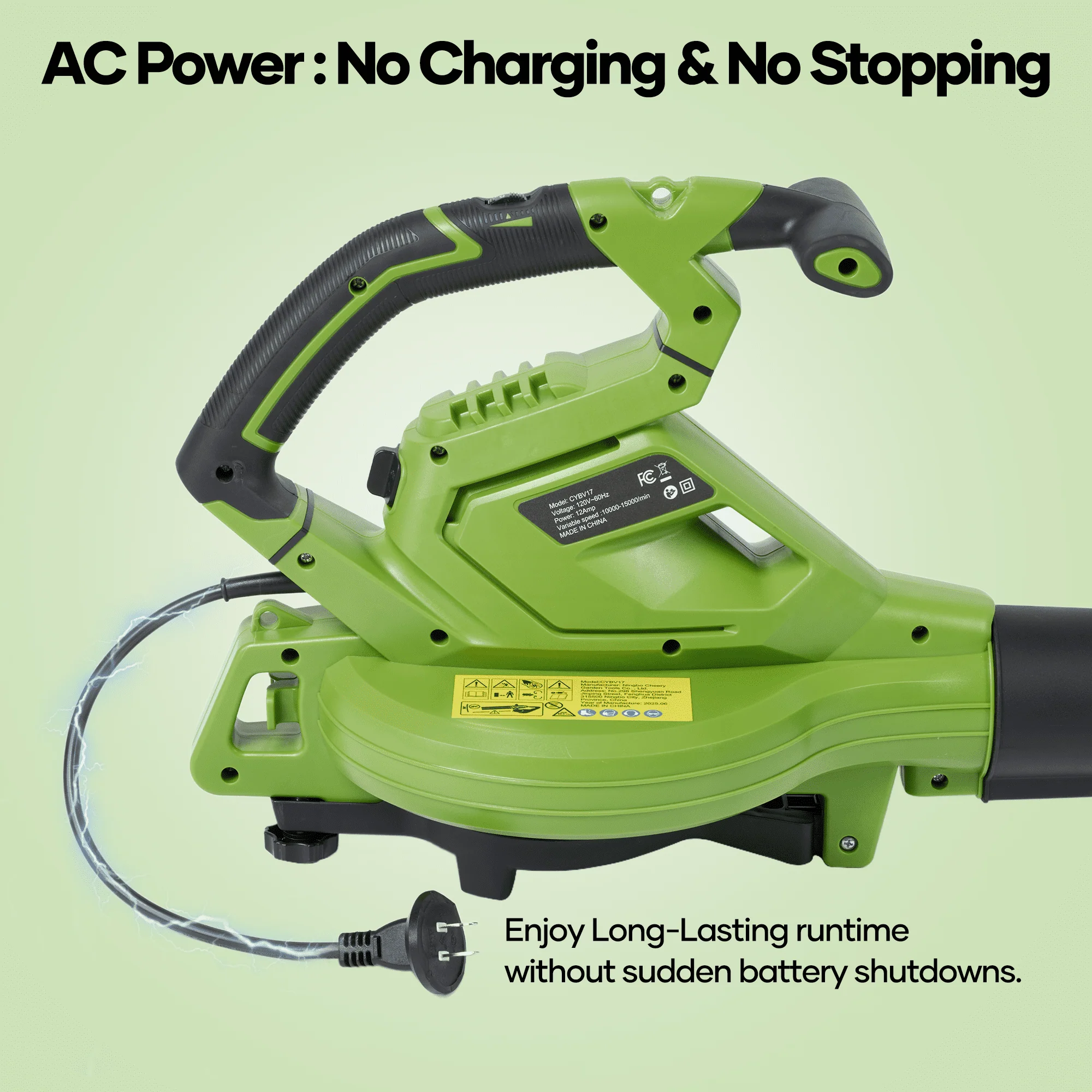 GASKY 3-in-1 Leaf Blower Vacuum Mulcher, 120V 12Amp, 495 CFM, 199 MPH, 6 Speeds, Easy-Wheel Walk-Behind, 12-Gallon Collection Bag, Green - Image 4