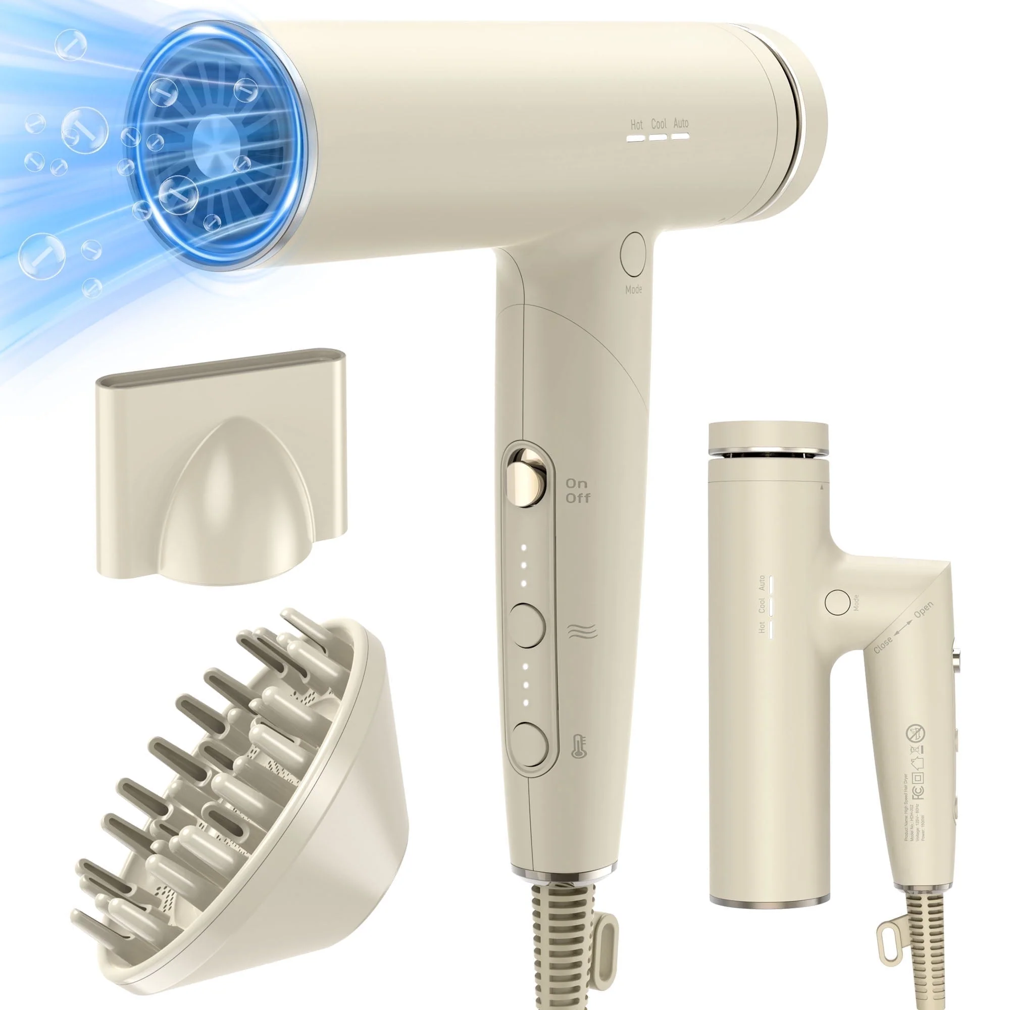 GCZ 1500W Foldable High-Speed Ionic Hair Dryer with Diffuser and Nozzle, 3 Heat and Speed Settings, Ivory, HDH-002